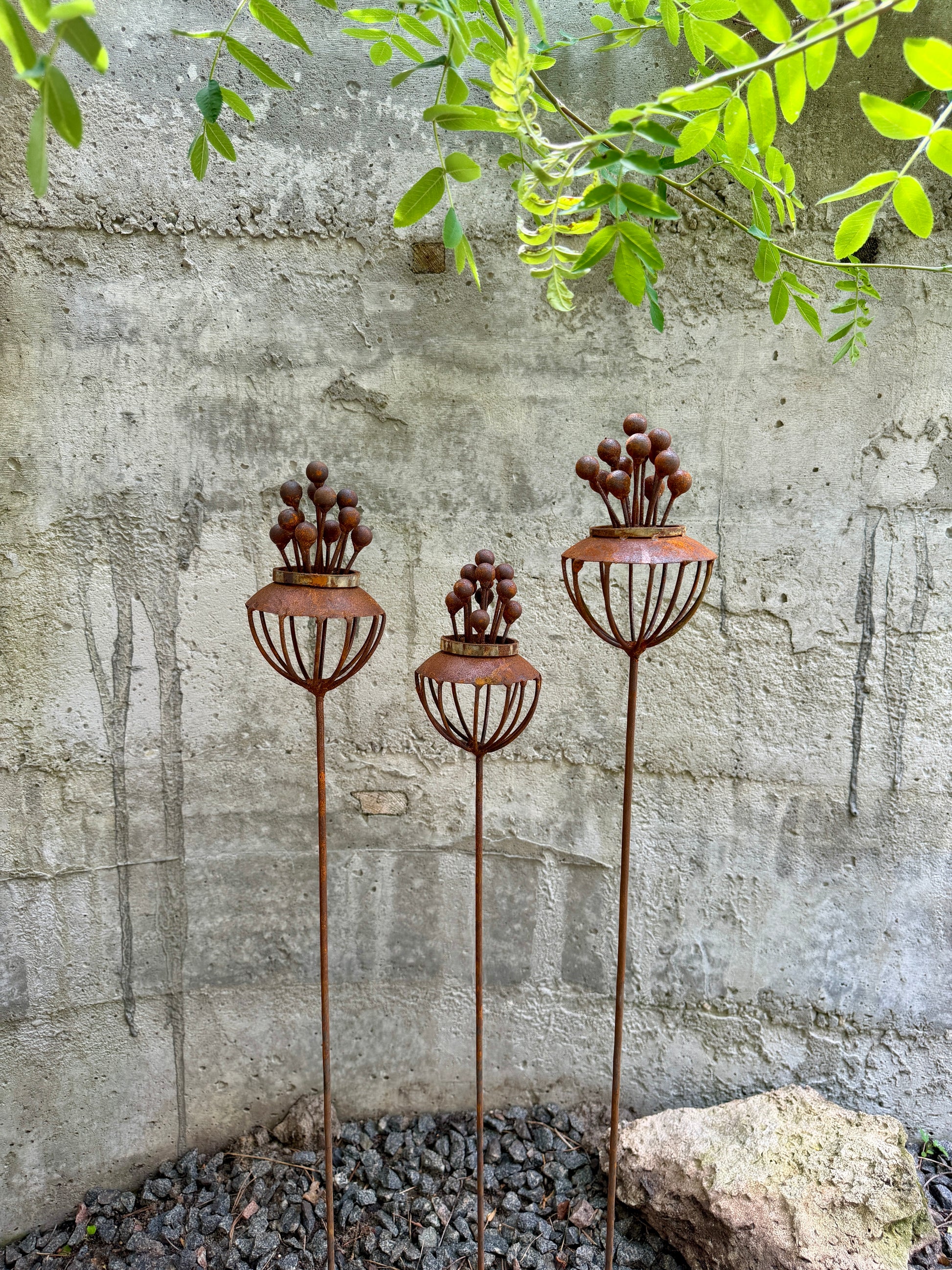 Set of 3 Rustic Metal Exotic Flowers, Handmade Garden Decor, Unique Yard Art, Outdoor Landscaping Sculpture, Rusty Metal Flower Gift