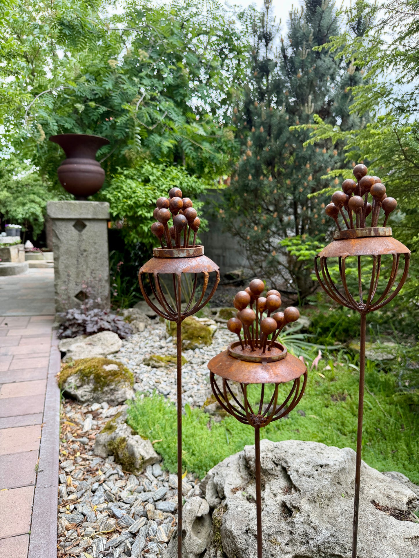 Set of 3 Rustic Metal Exotic Flowers, Handmade Garden Decor, Unique Yard Art, Outdoor Landscaping Sculpture, Rusty Metal Flower Gift