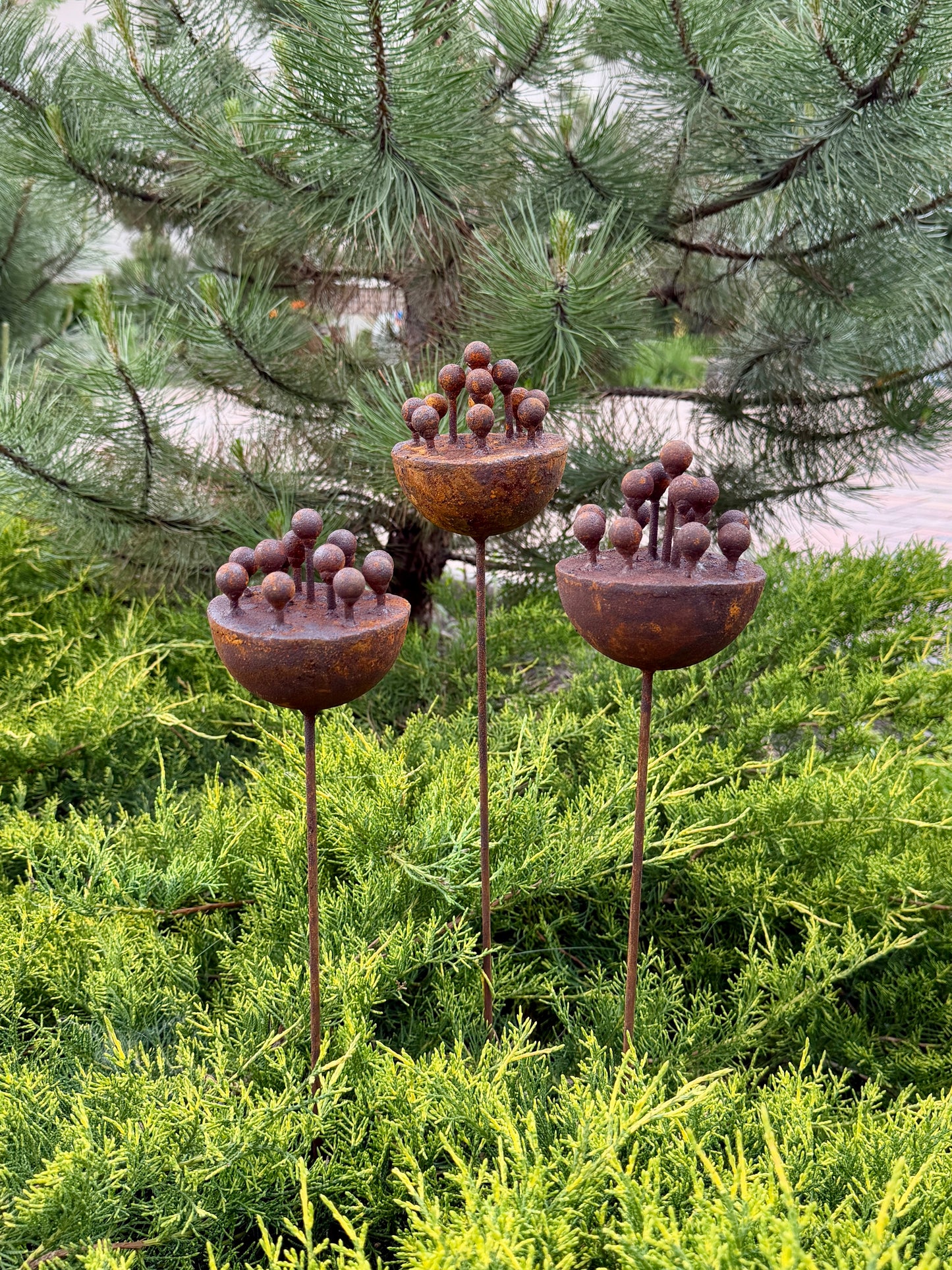 Set of 3 Exotic Rusty Metal Flowers - Corten Steel Garden Stakes & Yard Art
