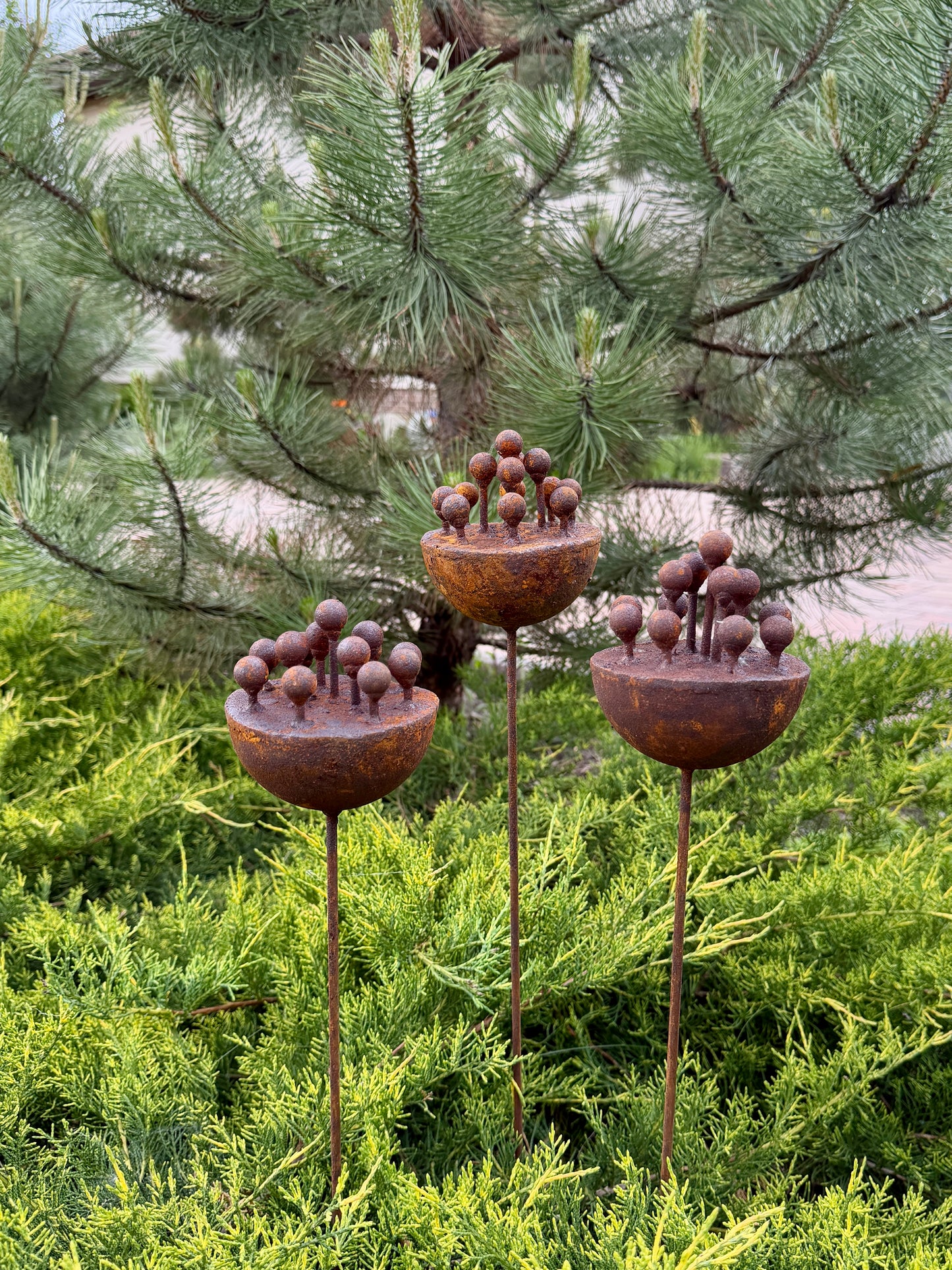 Set of 3 Exotic Rusty Metal Flowers - Corten Steel Garden Stakes & Yard Art
