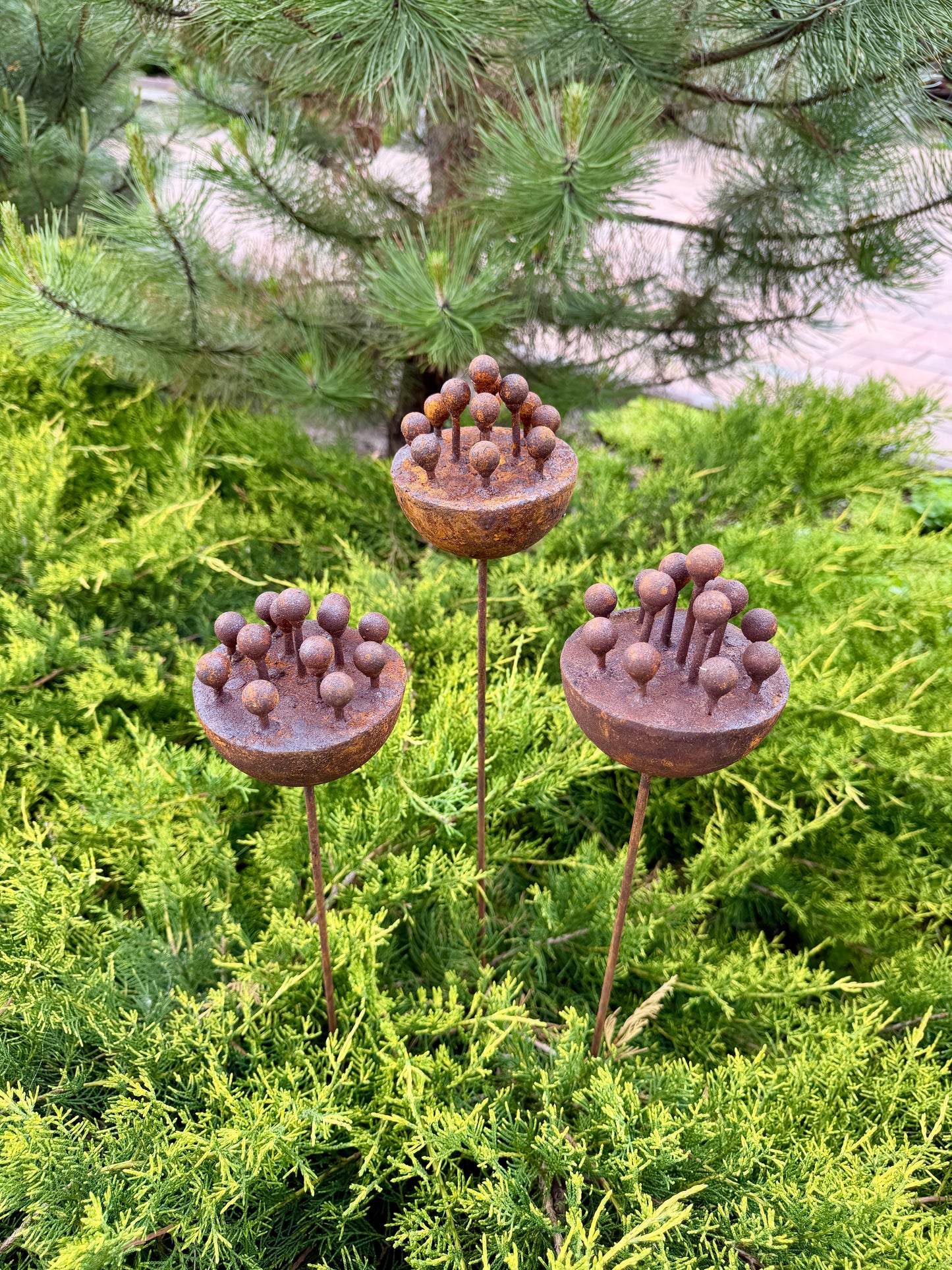Set of 3 Exotic Rusty Metal Flowers - Corten Steel Garden Stakes & Yard Art