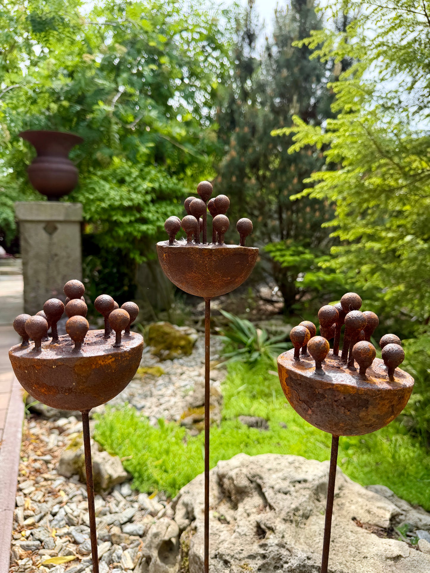 Set of 3 Exotic Rusty Metal Flowers - Corten Steel Garden Stakes & Yard Art