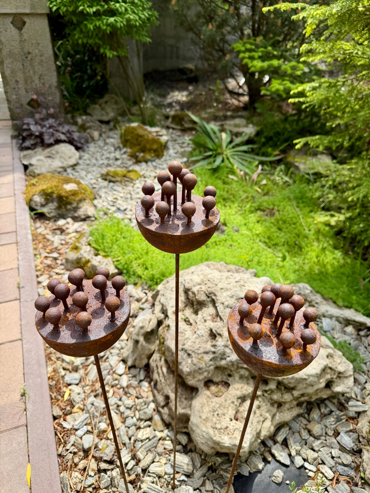 Set of 3 Exotic Rusty Metal Flowers - Corten Steel Garden Stakes & Yard Art
