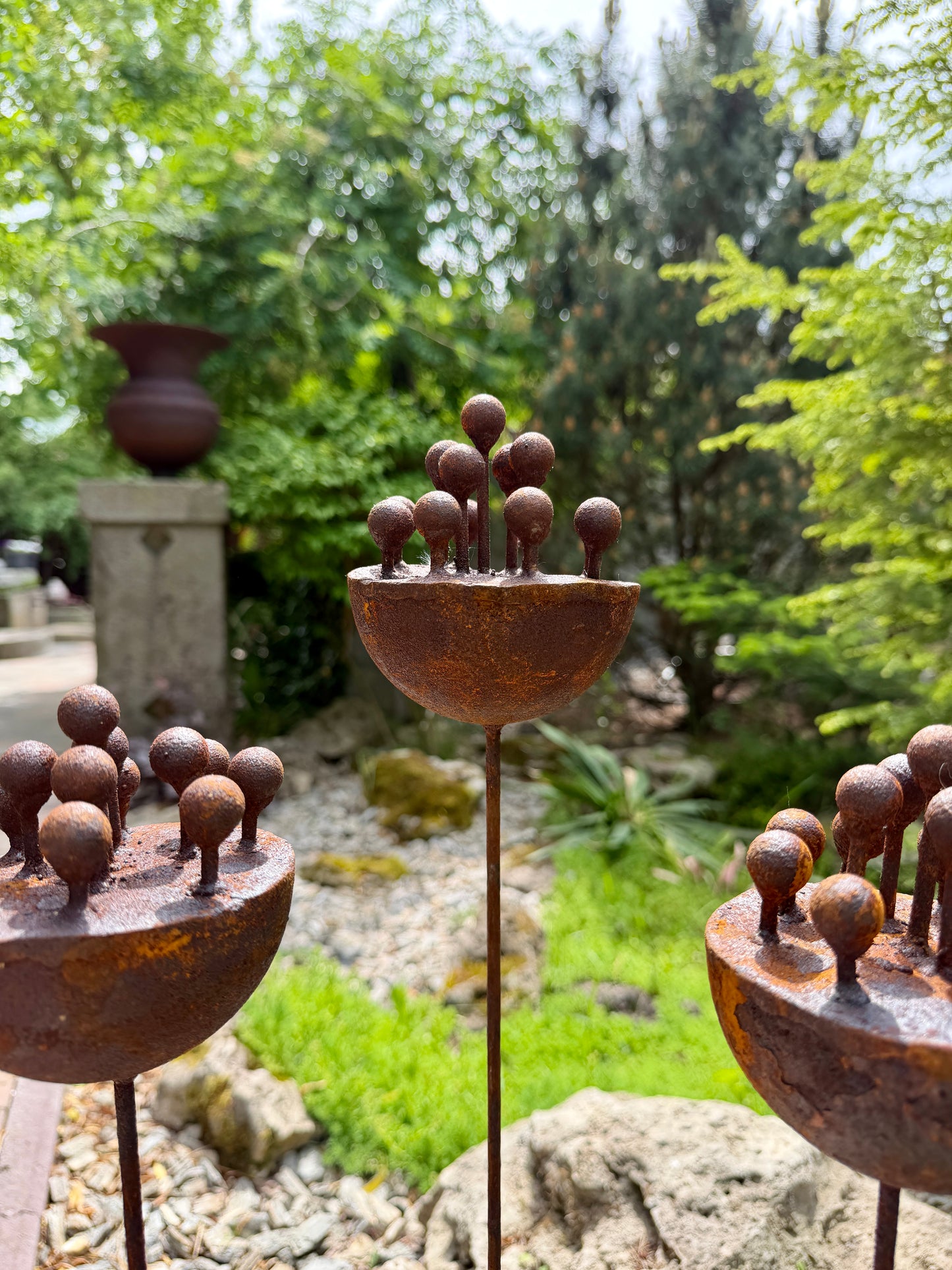 Set of 3 Exotic Rusty Metal Flowers - Corten Steel Garden Stakes & Yard Art