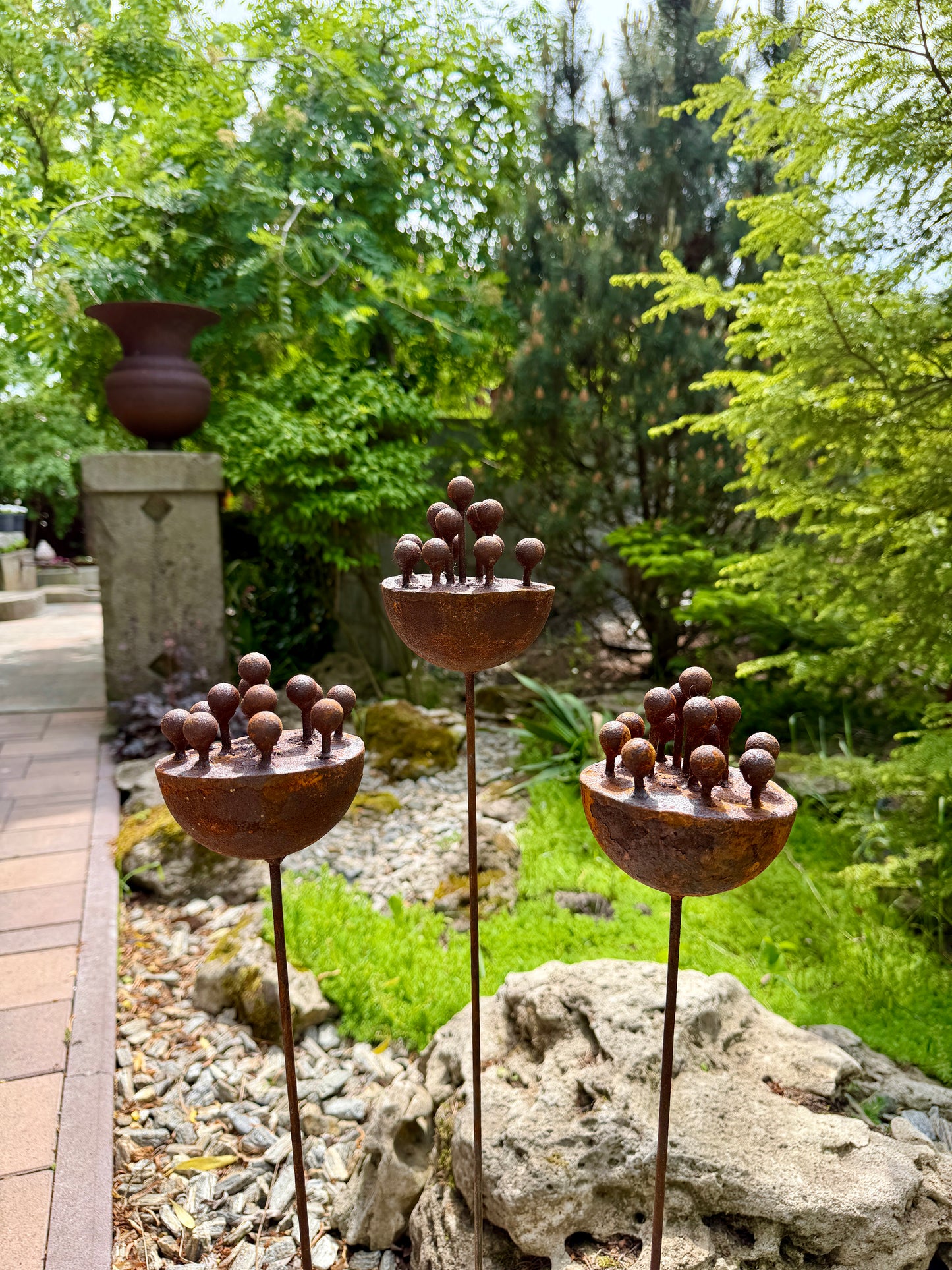 Set of 3 Exotic Rusty Metal Flowers - Corten Steel Garden Stakes & Yard Art