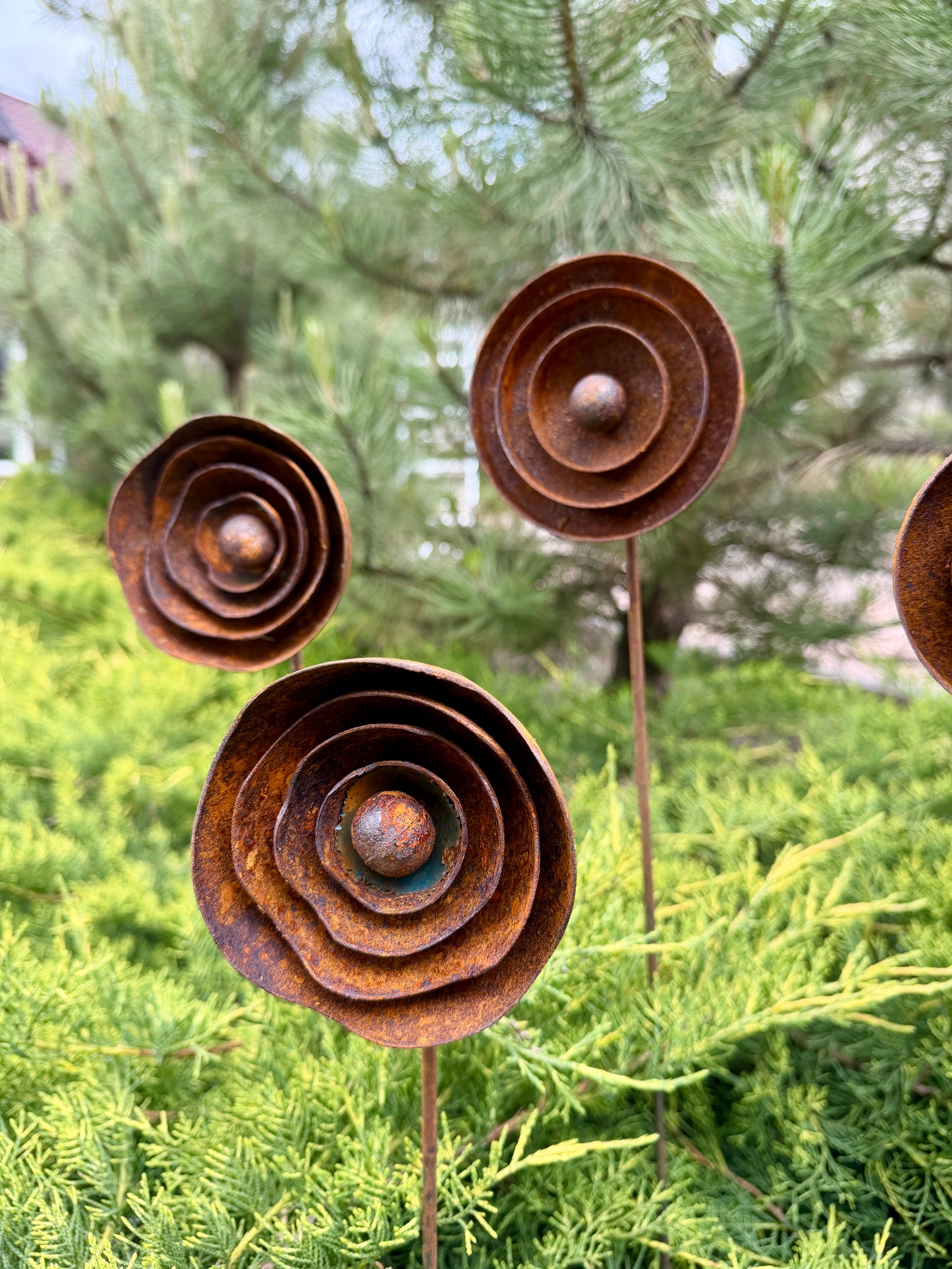 Moderne minimalistische Gartenstecker, rostiges Metall für den Garten oder die Außendekoration
