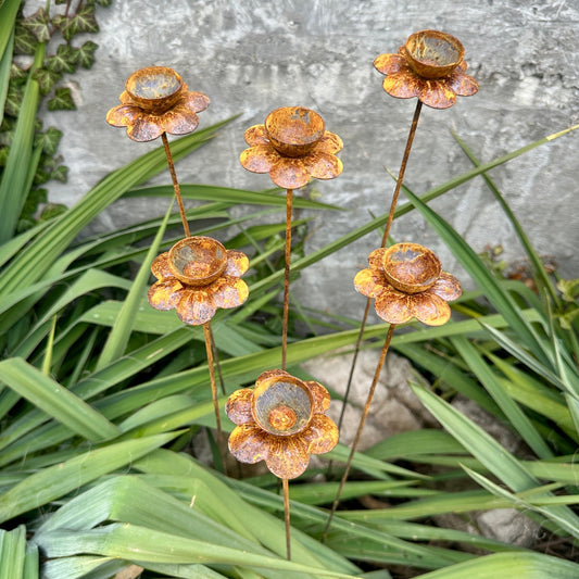 Rusty Flowers Set of 6 – Garden Stakes, Metal Garden Decor, Rain Catchers, Outdoor Metal Art, Rustic Yard Sculpture, Weathered Garden Accent