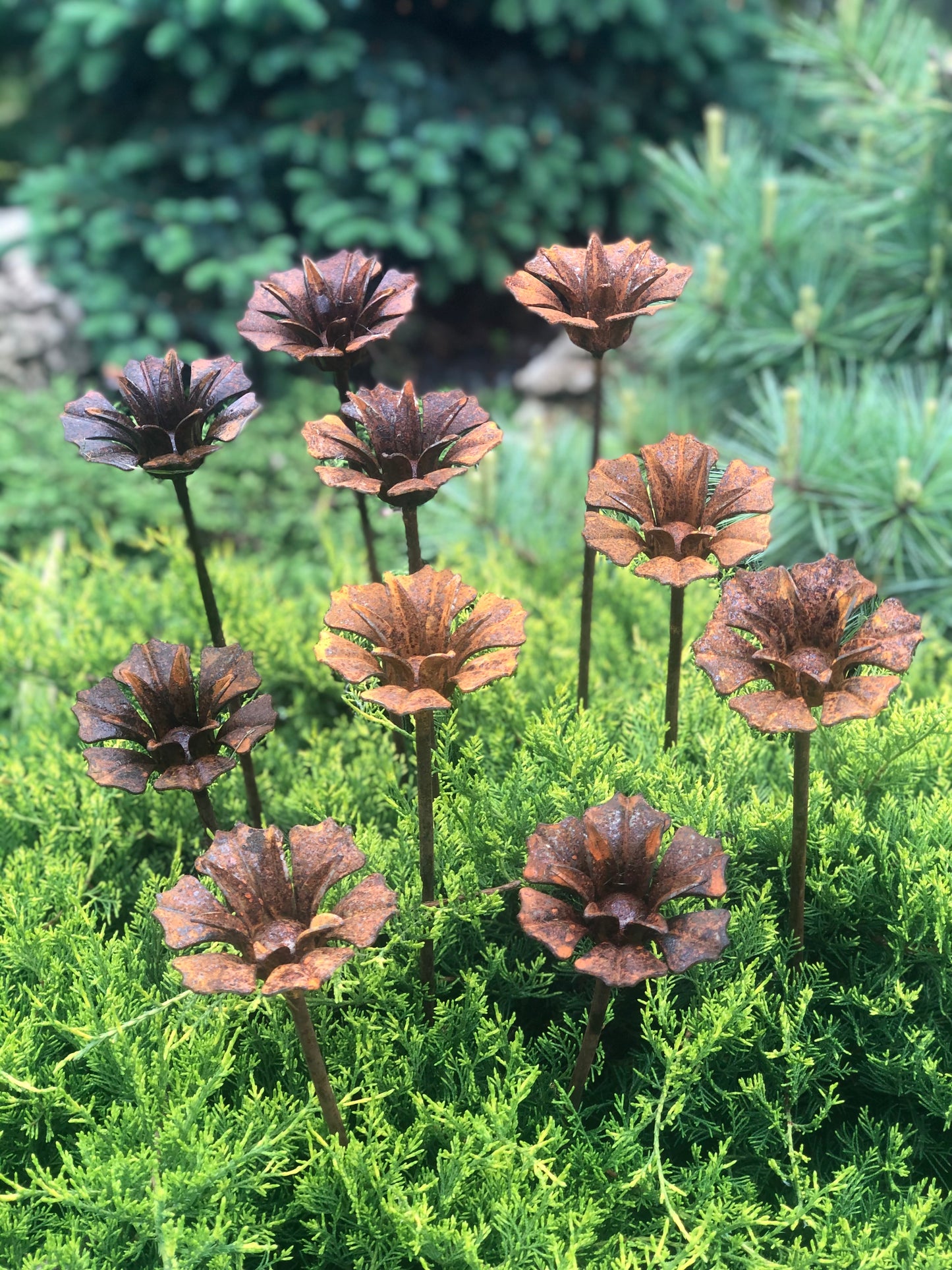 Rusty flowers set of 10, 10 Rusty flowers garden stakes, Metal garden decor, metal yard art, outdoor metal decor, Rusty metal garden decor