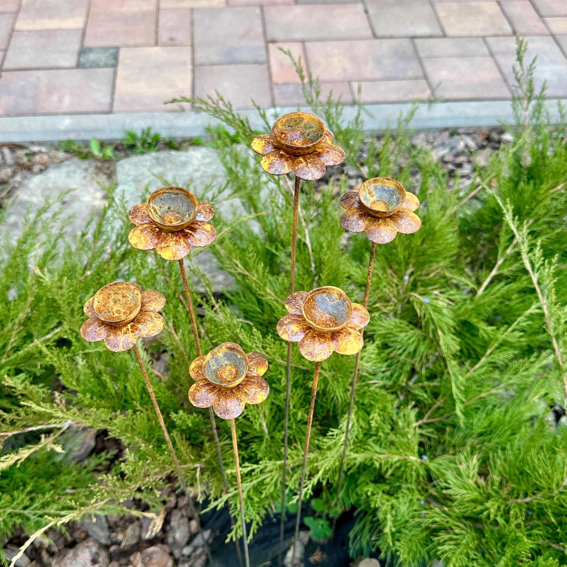 Rusty Flowers Set of 6 – Garden Stakes, Metal Garden Decor, Rain Catchers, Outdoor Metal Art, Rustic Yard Sculpture, Weathered Garden Accent