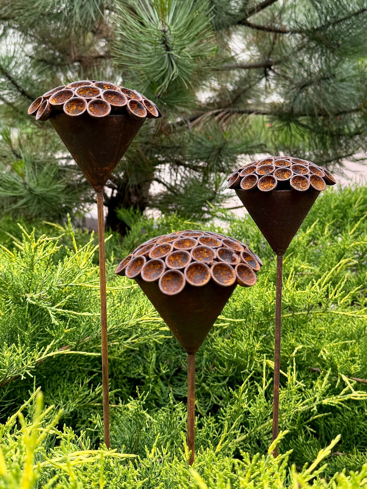 Set of 3 Rusty Metal Exotic Flowers - Sculptural Garden Stakes and Unique Yard Art
