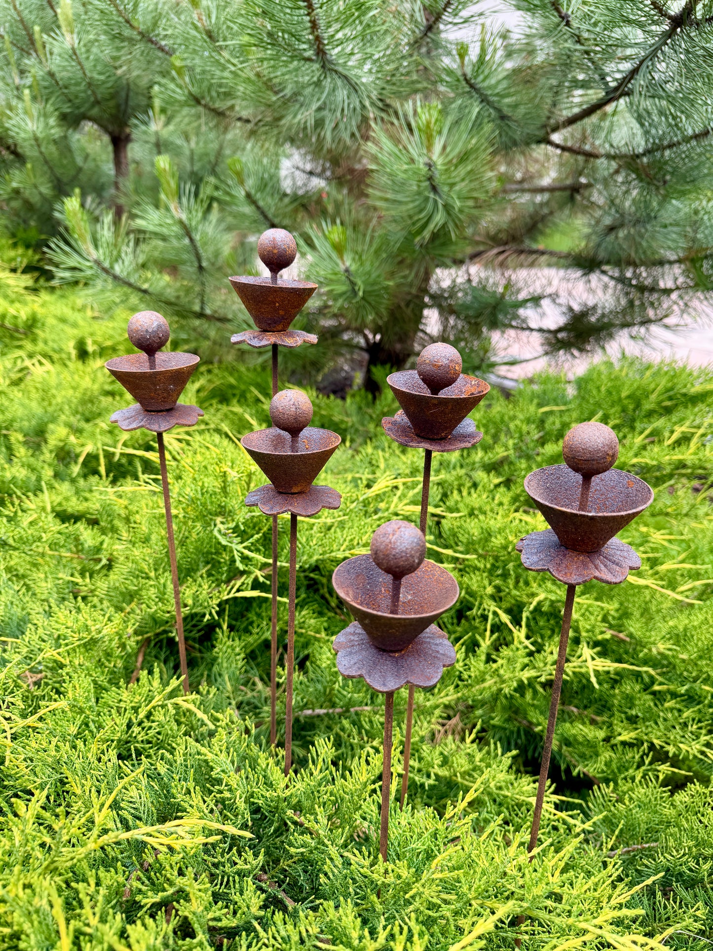 Abstract Rusty Metal Flowers with Spheres - Sculptural Garden Stakes and Rustic Yard Art