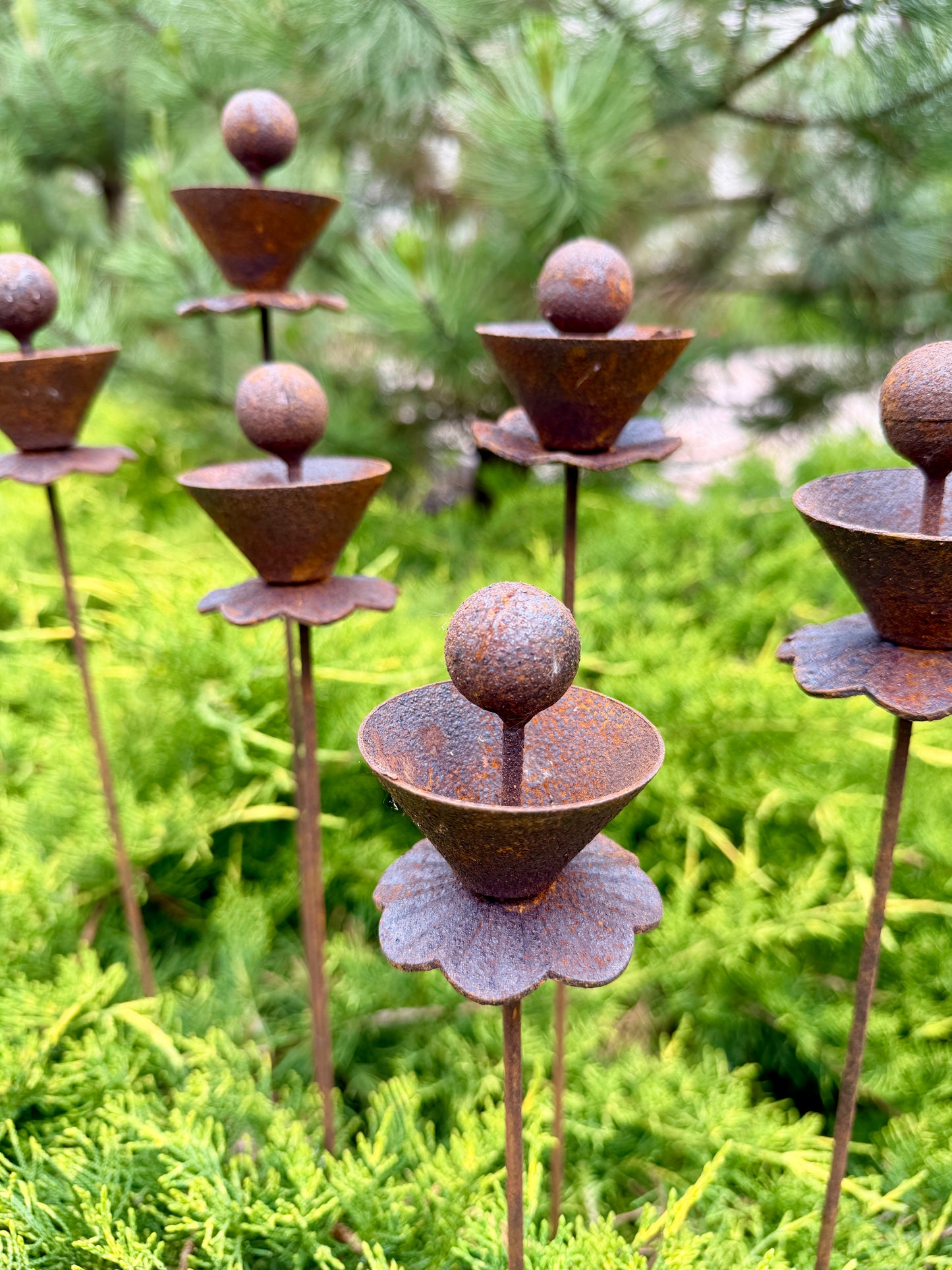 Abstract Rusty Metal Flowers with Spheres - Sculptural Garden Stakes and Rustic Yard Art