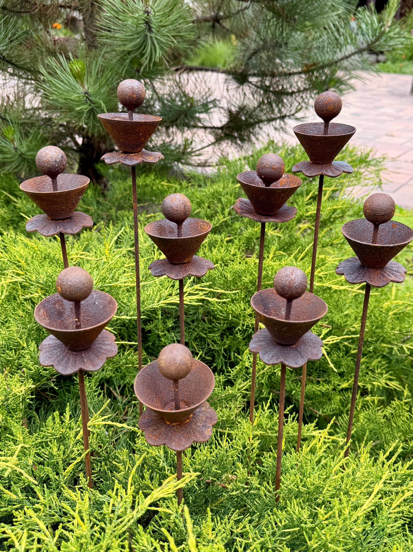 Abstract Rusty Metal Flowers with Spheres - Sculptural Garden Stakes and Rustic Yard Art