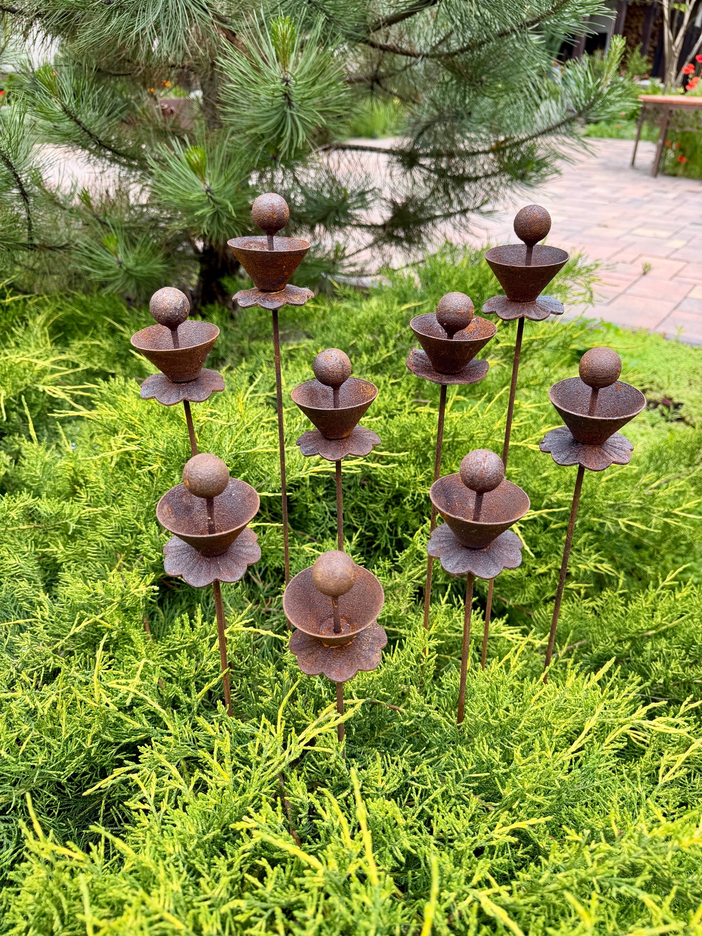 Abstract Rusty Metal Flowers with Spheres - Sculptural Garden Stakes and Rustic Yard Art