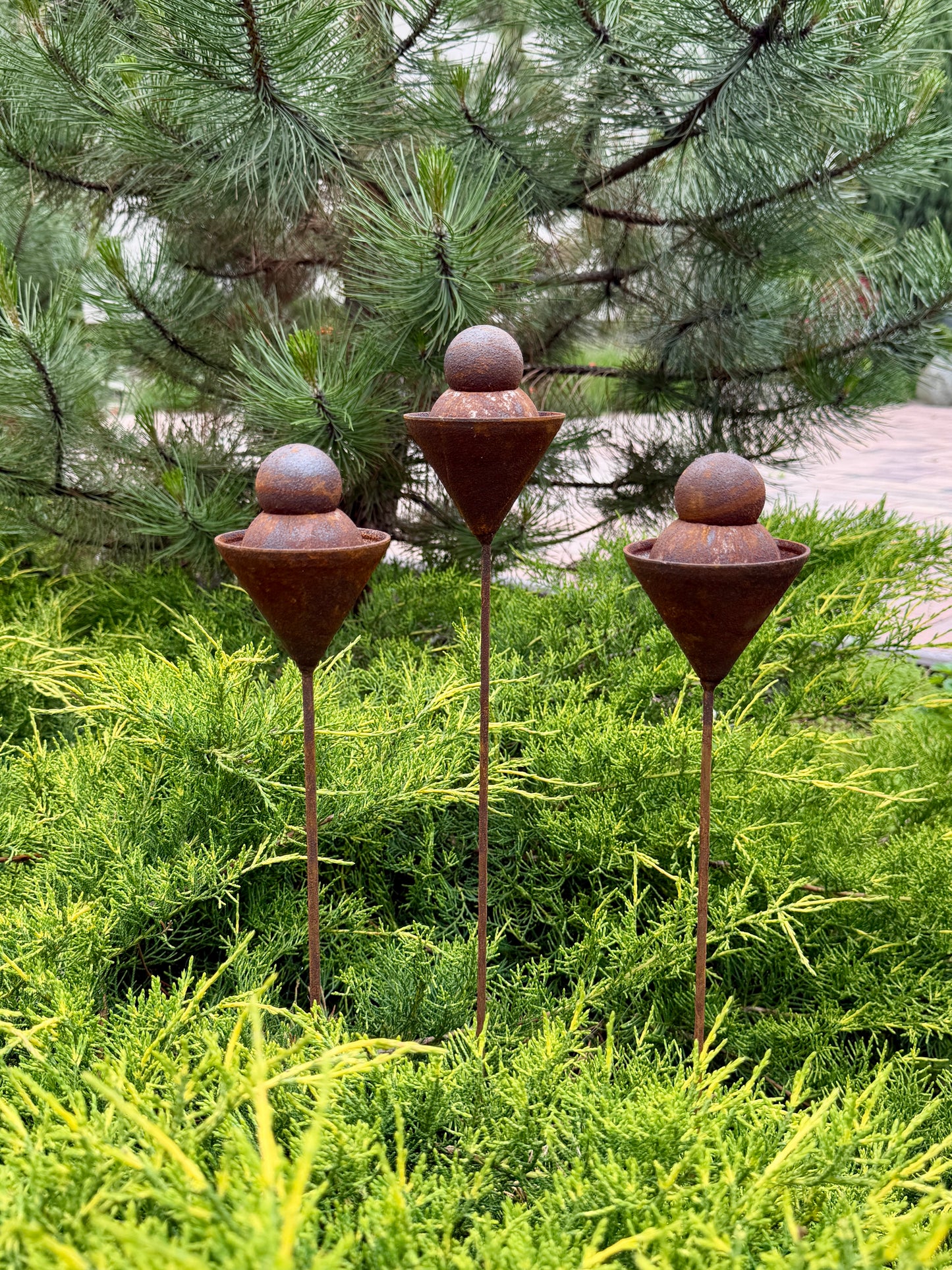 Set of 3 Rusty Metal Geometric Finials - Sculptural Garden Stakes and Modern Yard Art