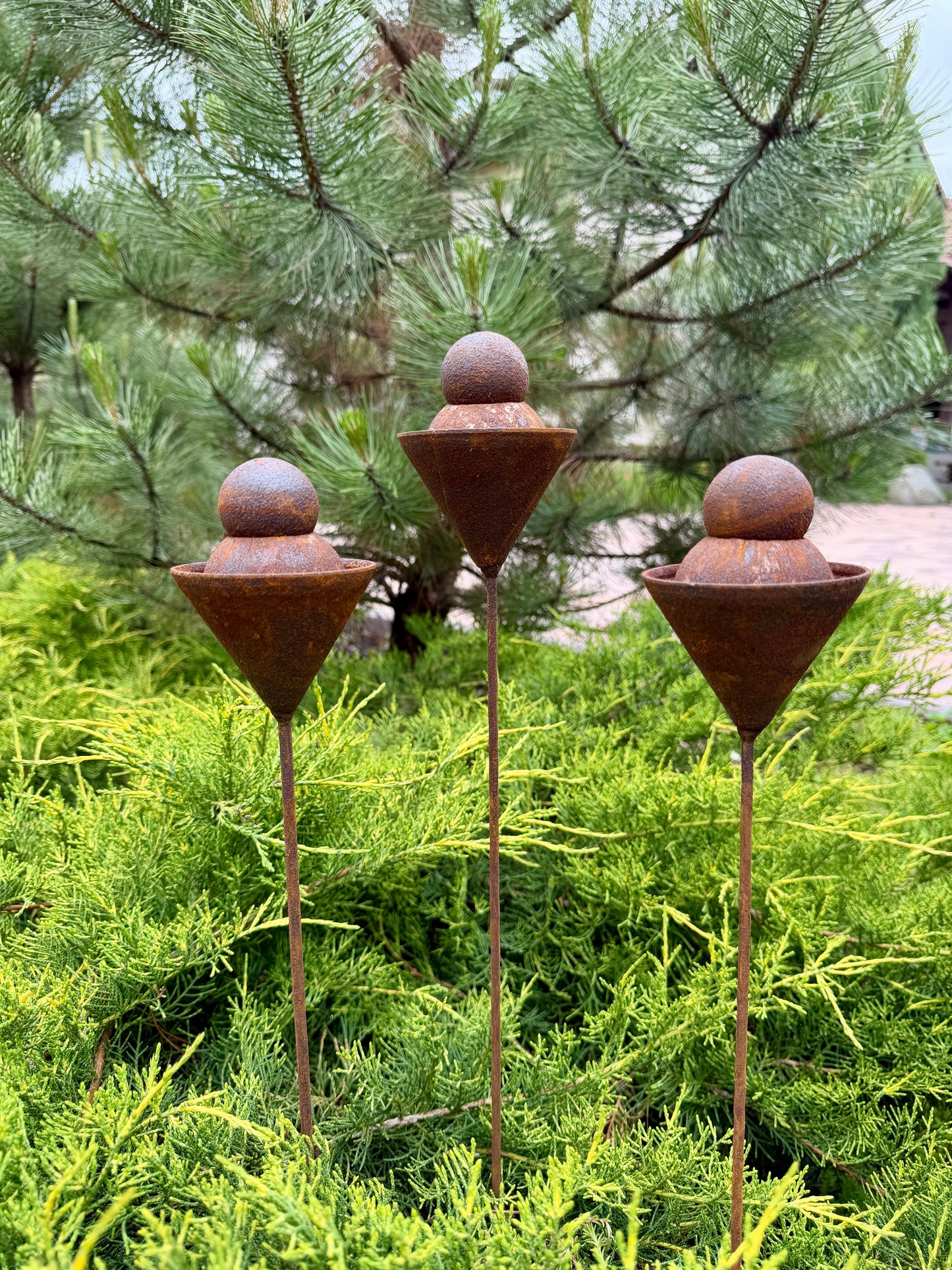 Set of 3 Rusty Metal Geometric Finials - Sculptural Garden Stakes and Modern Yard Art