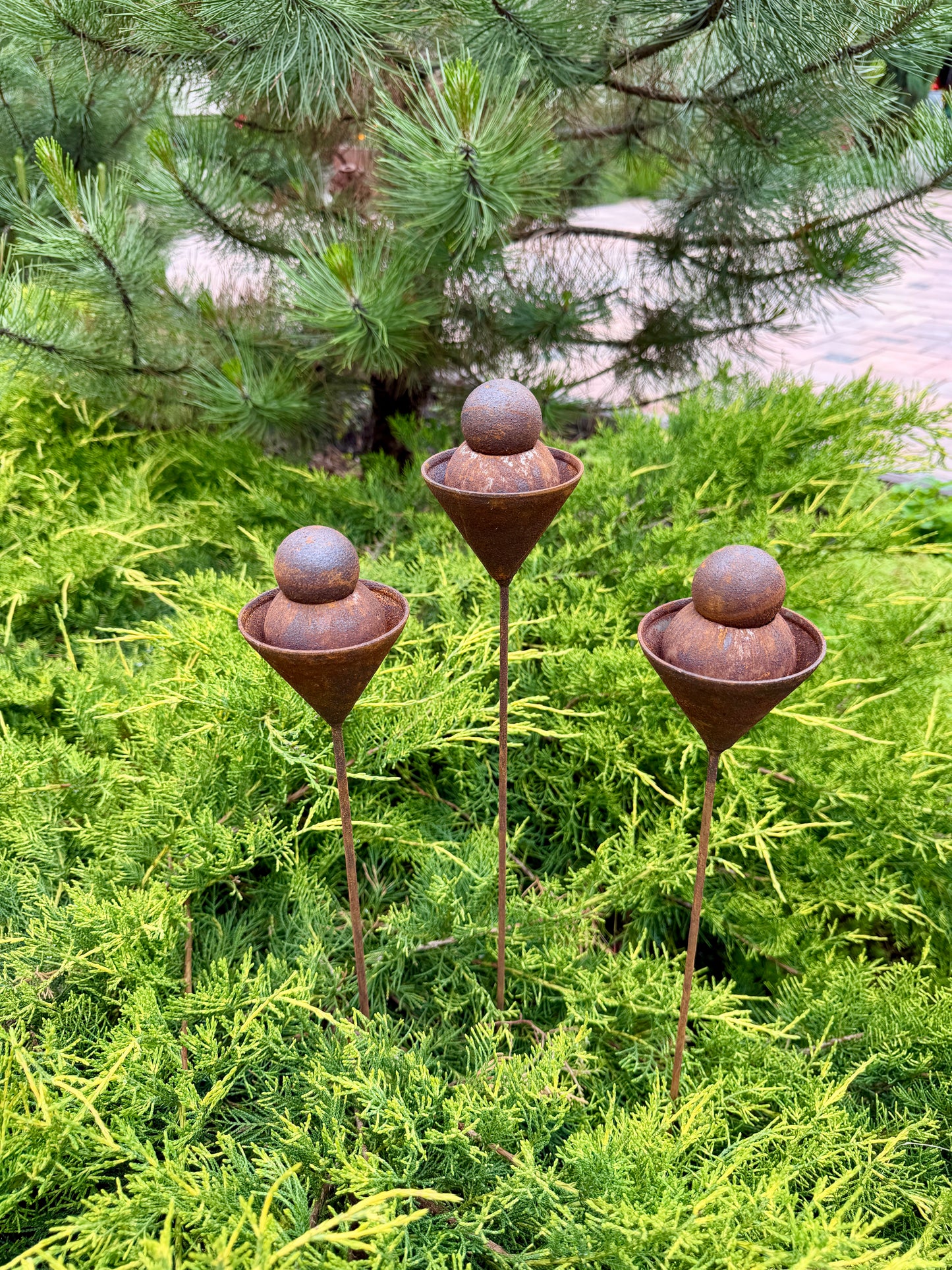 Set of 3 Rusty Metal Geometric Finials - Sculptural Garden Stakes and Modern Yard Art