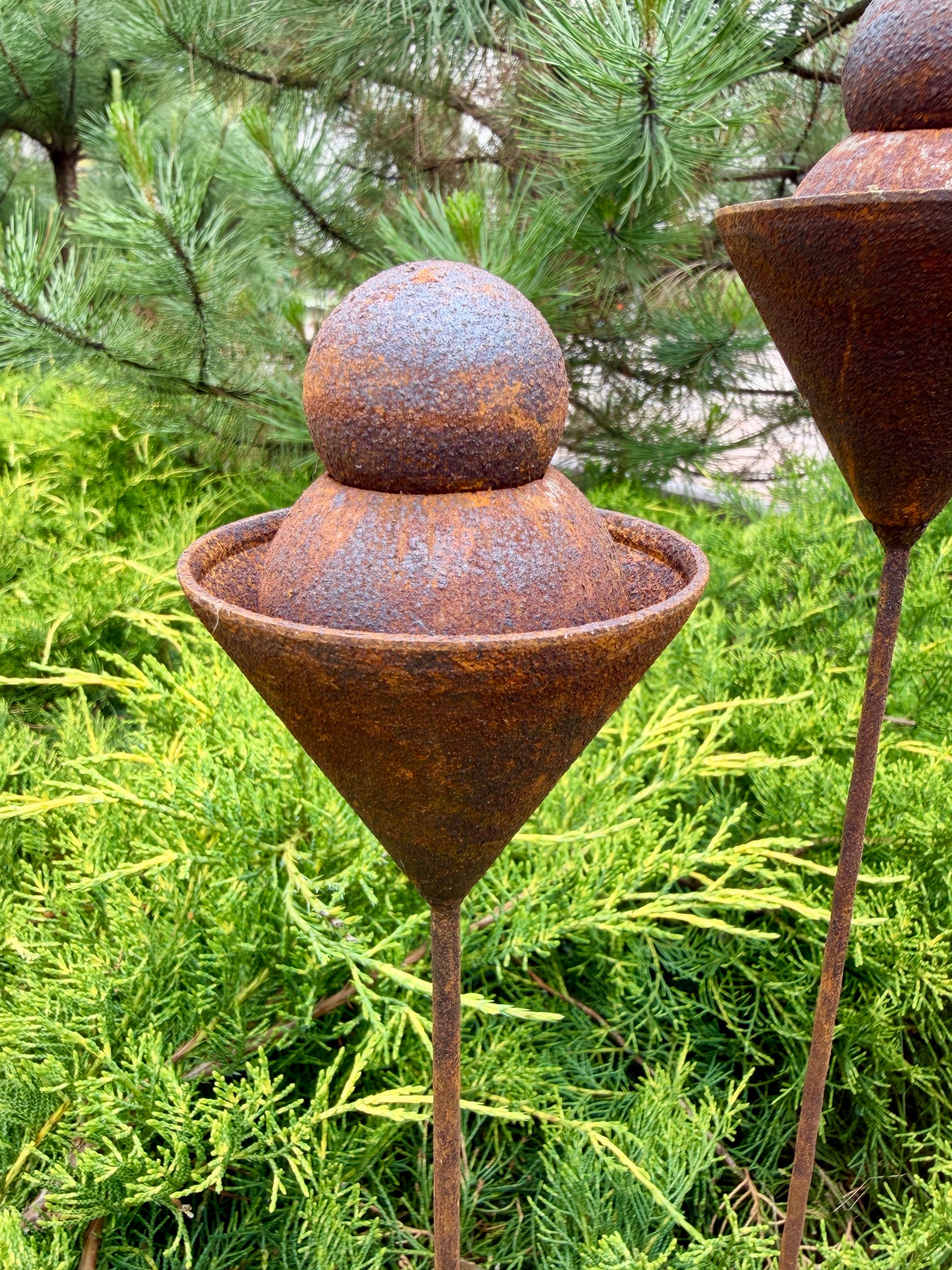 Set of 3 Rusty Metal Geometric Finials - Sculptural Garden Stakes and Modern Yard Art