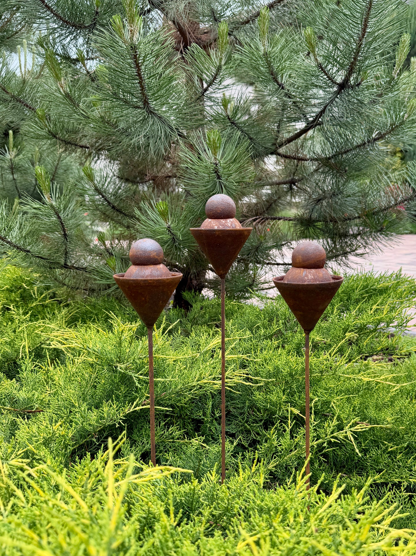 Set of 3 Rusty Metal Geometric Finials - Sculptural Garden Stakes and Modern Yard Art
