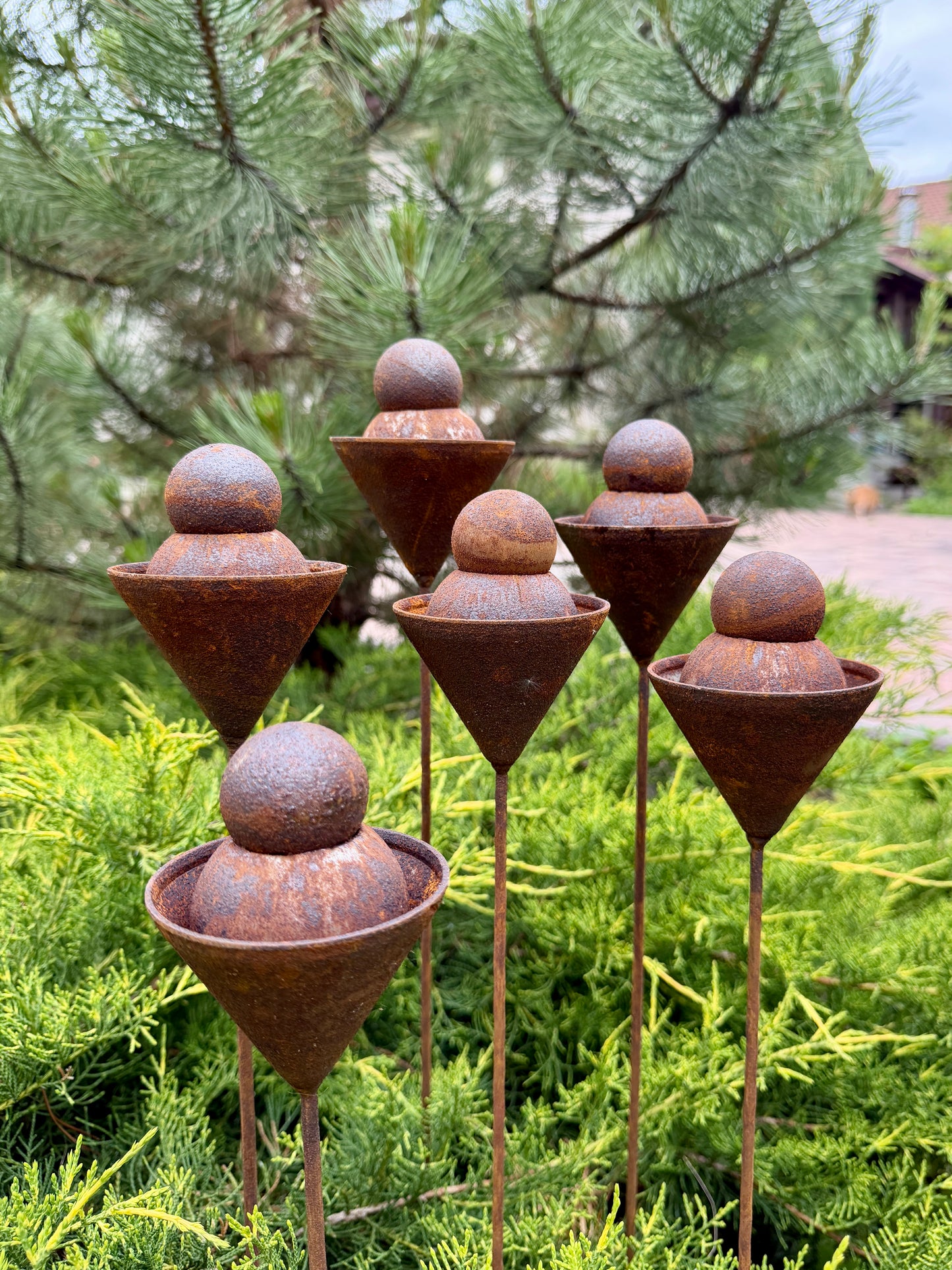 Set of 6 Rusty Metal Geometric Finials - Sculptural Garden Stakes and Modern Yard Art