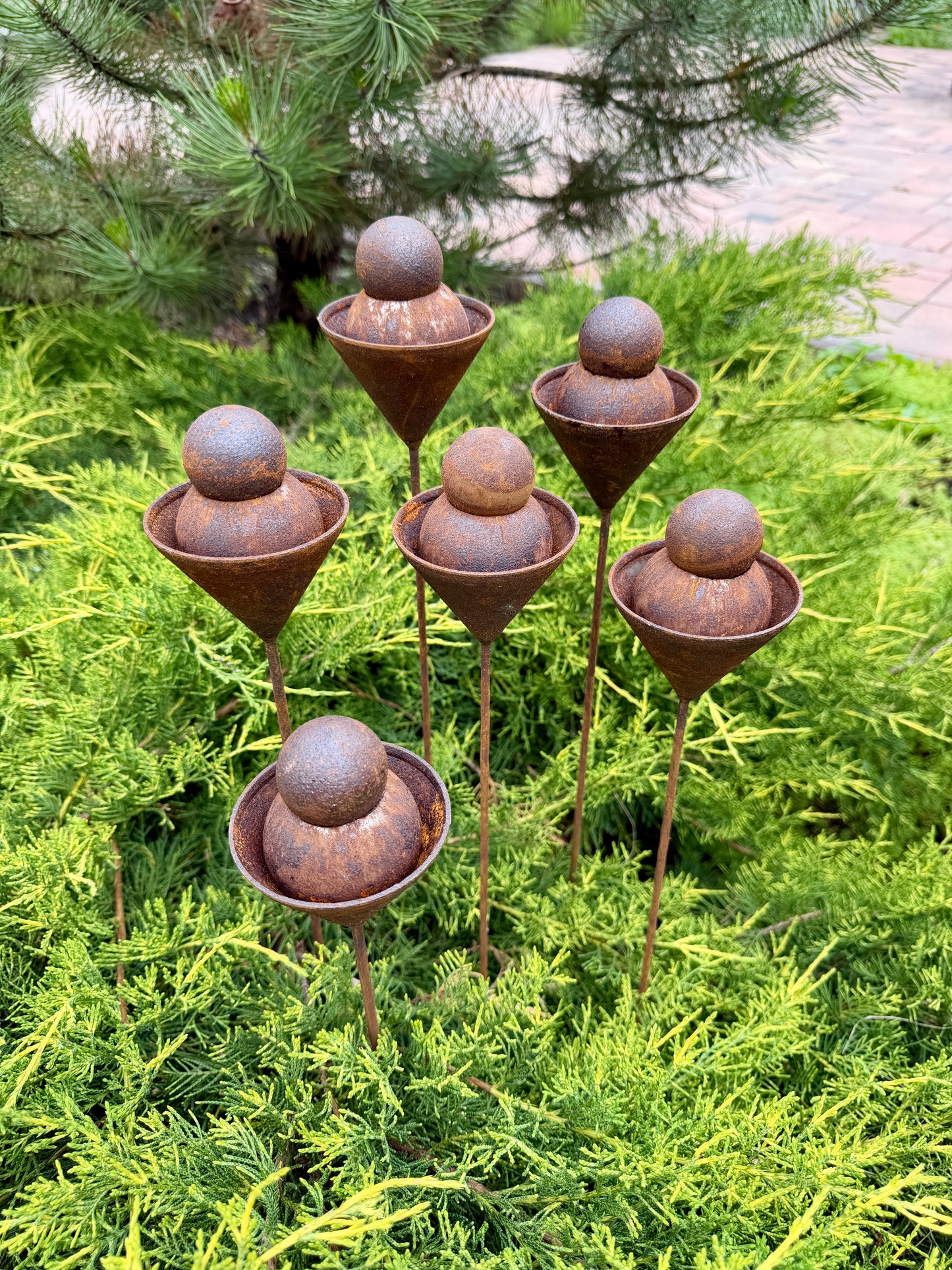 Set of 6 Rusty Metal Geometric Finials - Sculptural Garden Stakes and Modern Yard Art