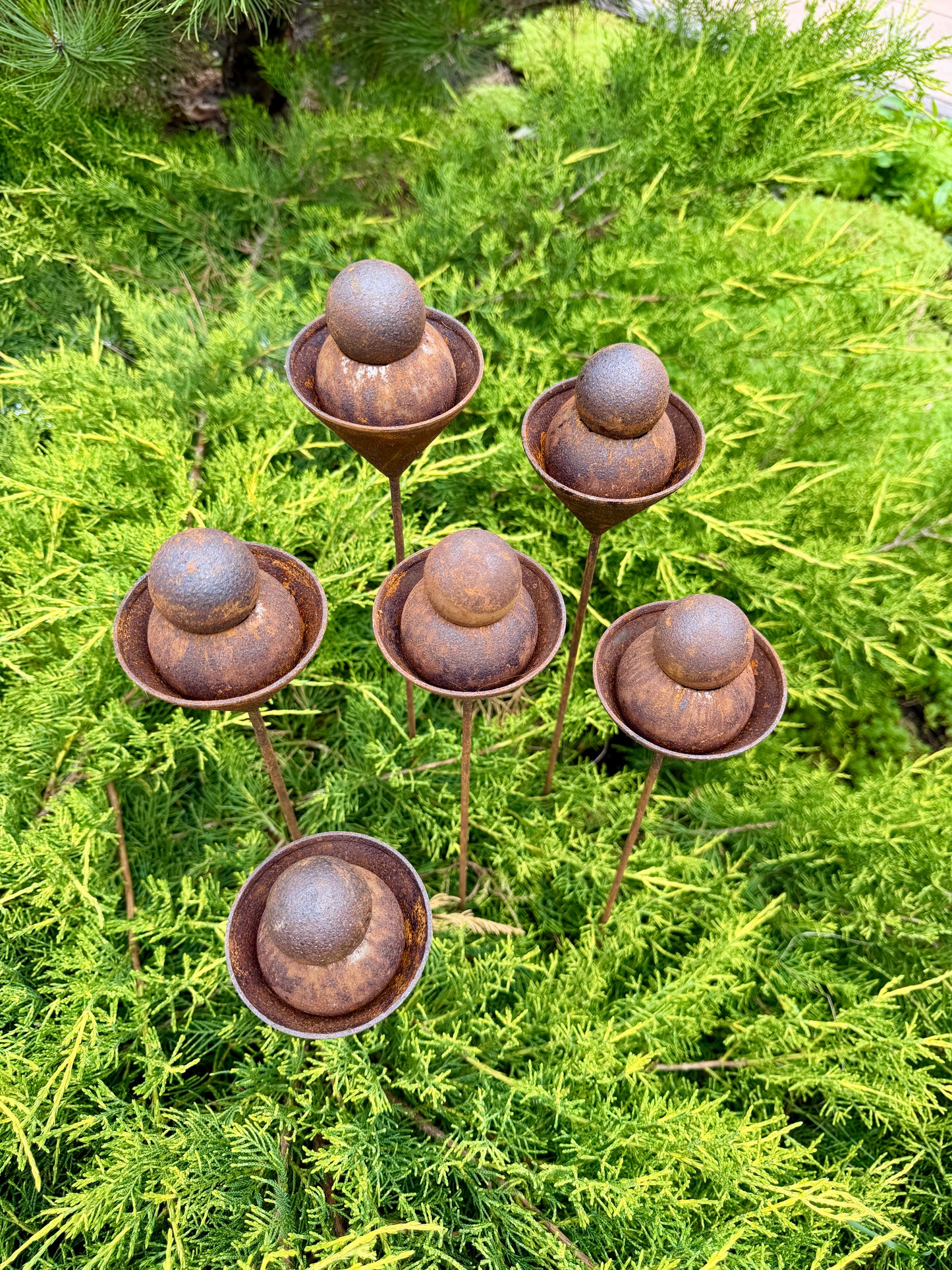 Set of 6 Rusty Metal Geometric Finials - Sculptural Garden Stakes and Modern Yard Art
