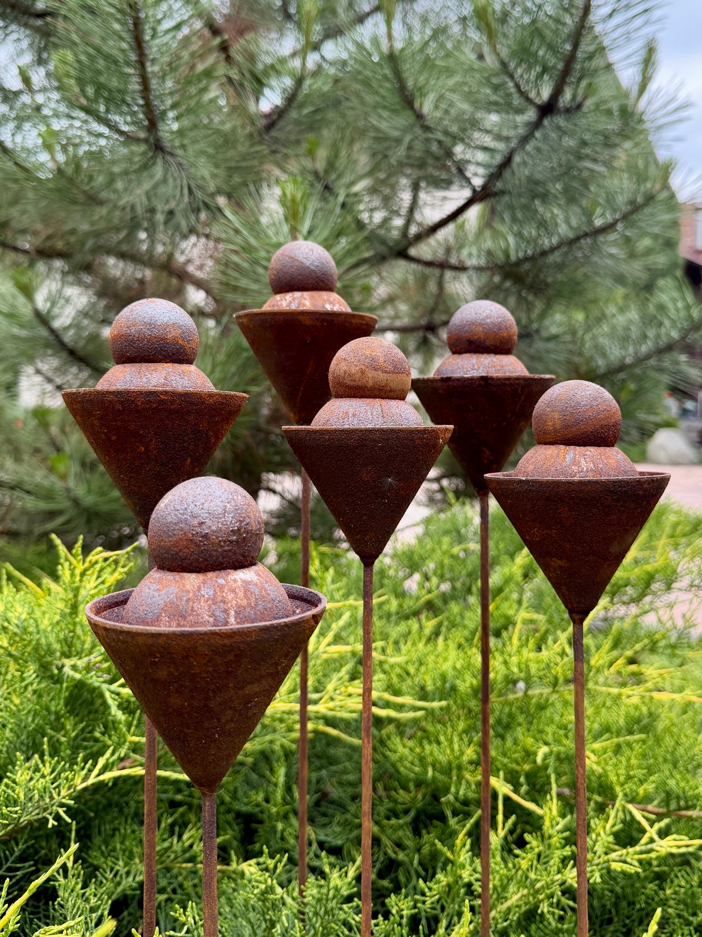 Set of 6 Rusty Metal Geometric Finials - Sculptural Garden Stakes and Modern Yard Art