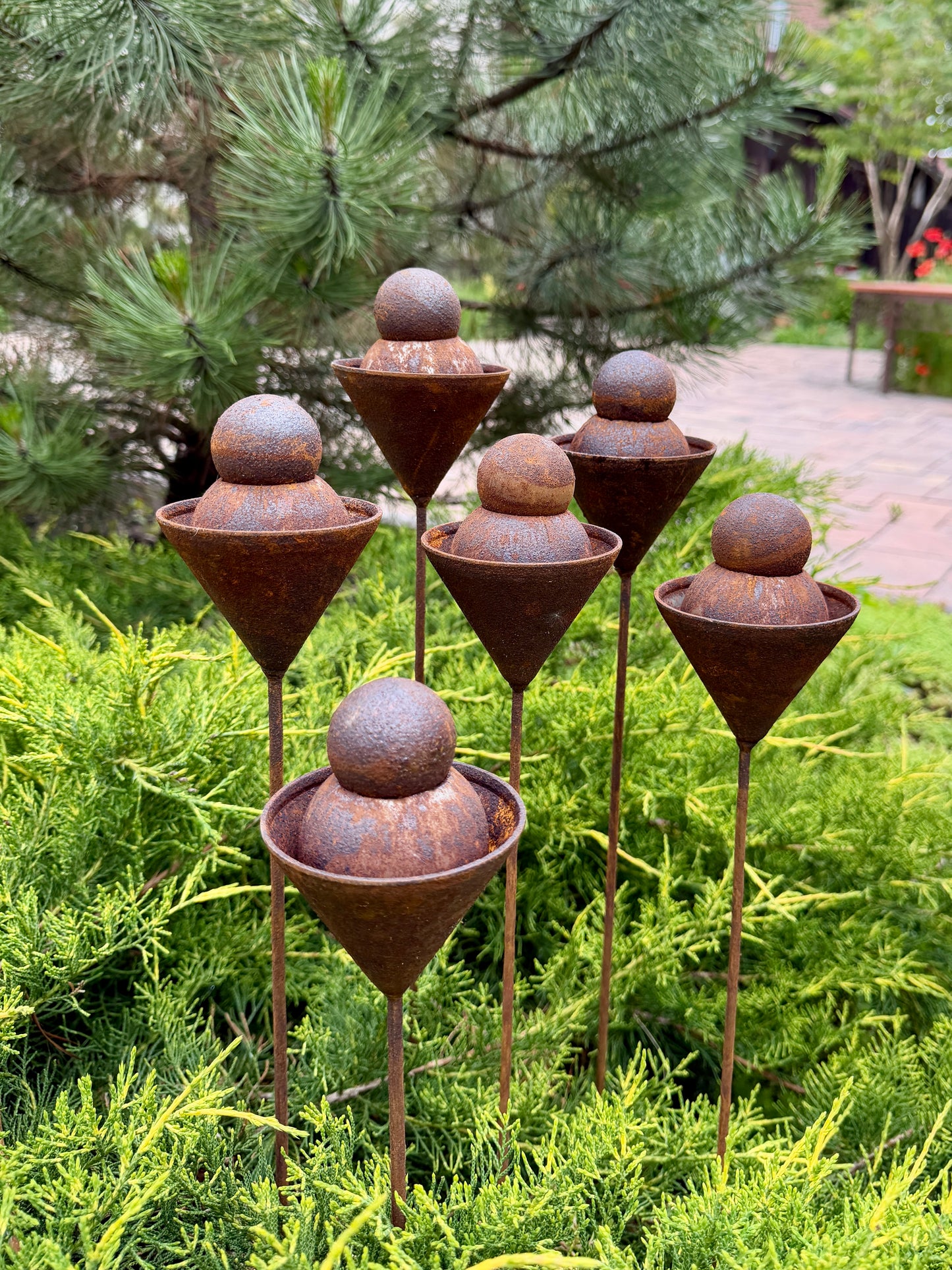 Set of 6 Rusty Metal Geometric Finials - Sculptural Garden Stakes and Modern Yard Art