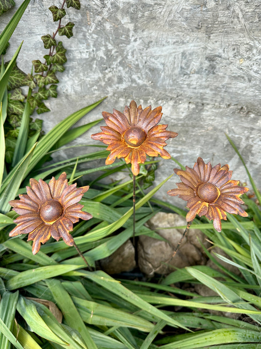 Rusty Flowers Set of 3, Metal Garden Decor, 3 Garden Stakes with Rusty Flowers, Outdoor Metal Yard Art, Rustic Weathered Metal Sculpture