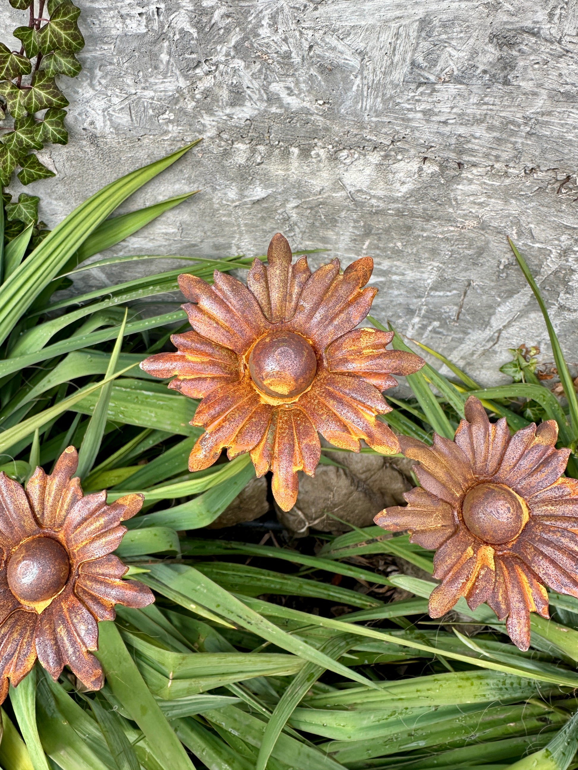 Rusty Flowers Set of 3, Metal Garden Decor, 3 Garden Stakes with Rusty Flowers, Outdoor Metal Yard Art, Rustic Weathered Metal Sculpture
