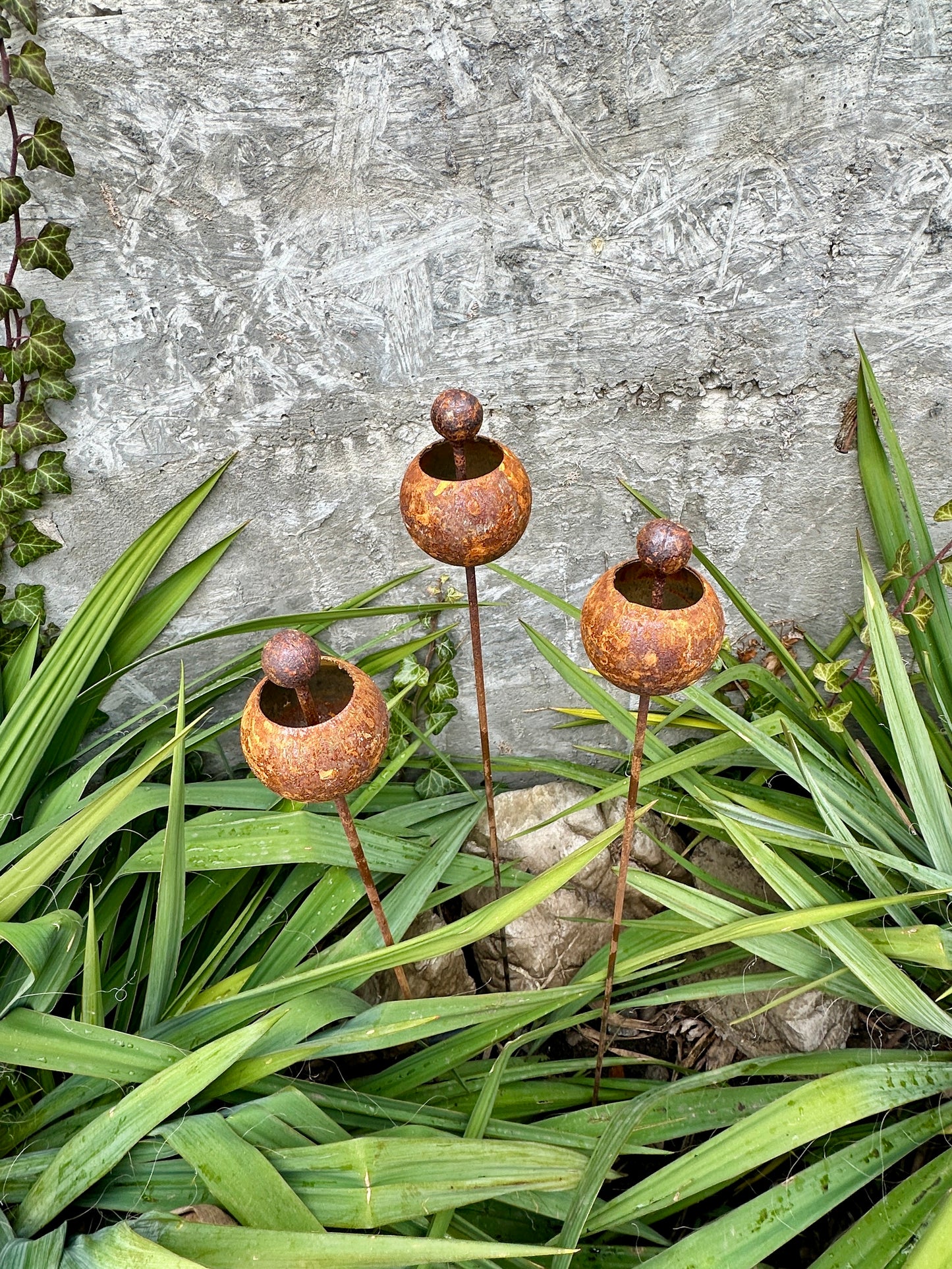 Rusty Flowers Set of 3, Flowers Garden Decor, Metal Rain Catchers, Metal Yard Art, Outdoor Metal Decor, Rustic Metal Garden Sculpture