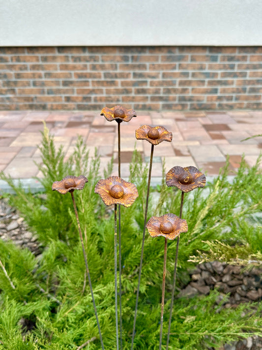 Rusty flowers set of 6, Poppy flowers garden stakes, Metal garden dмecor, metal yard art, outdoor metal decor, Rusty metal garden decor