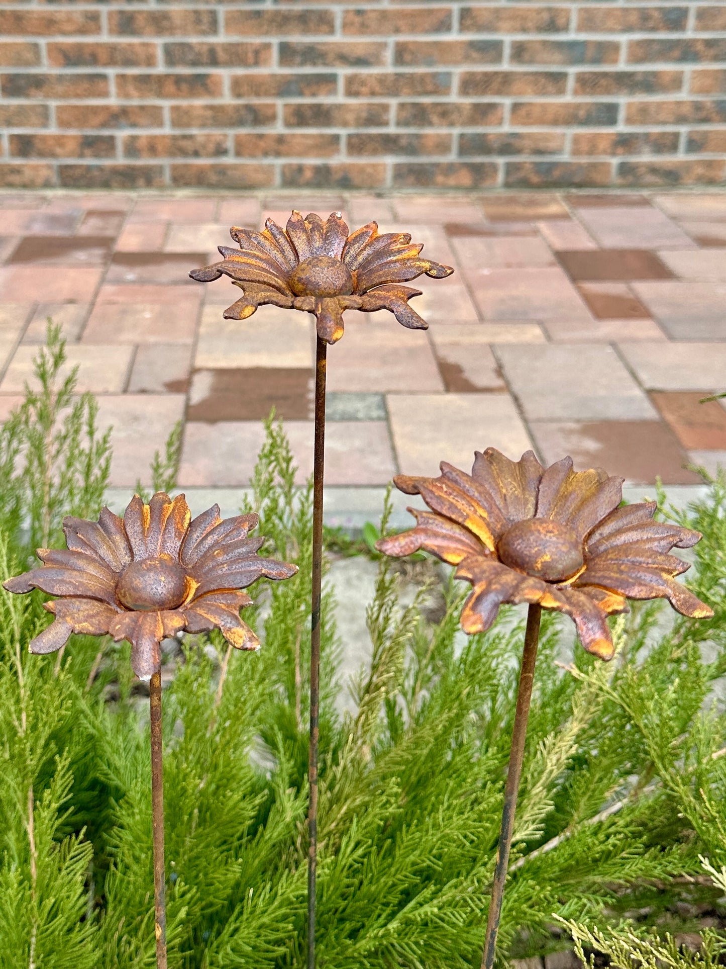 Rusty Flowers Set of 3, Metal Garden Decor, 3 Garden Stakes with Rusty Flowers, Outdoor Metal Yard Art, Rustic Weathered Metal Sculpture