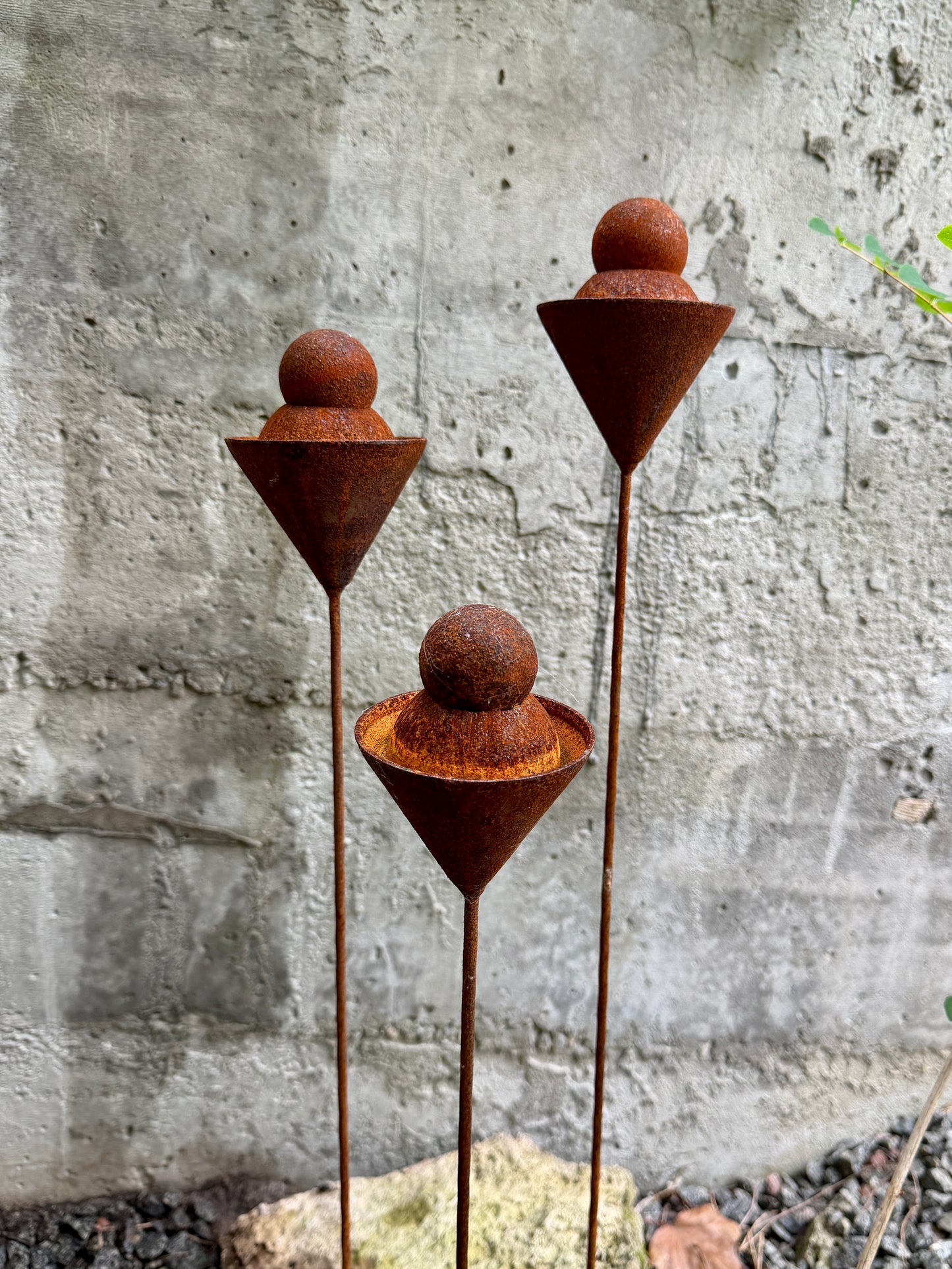 Set of 3 Rusty Metal Geometric Finials - Sculptural Garden Stakes and Modern Yard Art
