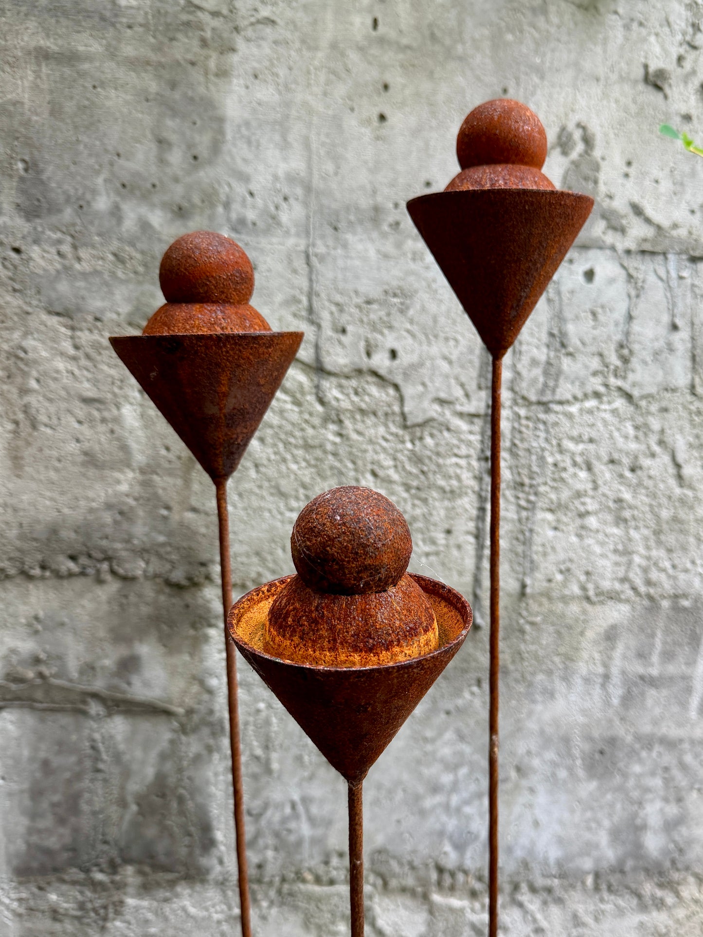 Set of 3 Rusty Metal Geometric Finials - Sculptural Garden Stakes and Modern Yard Art