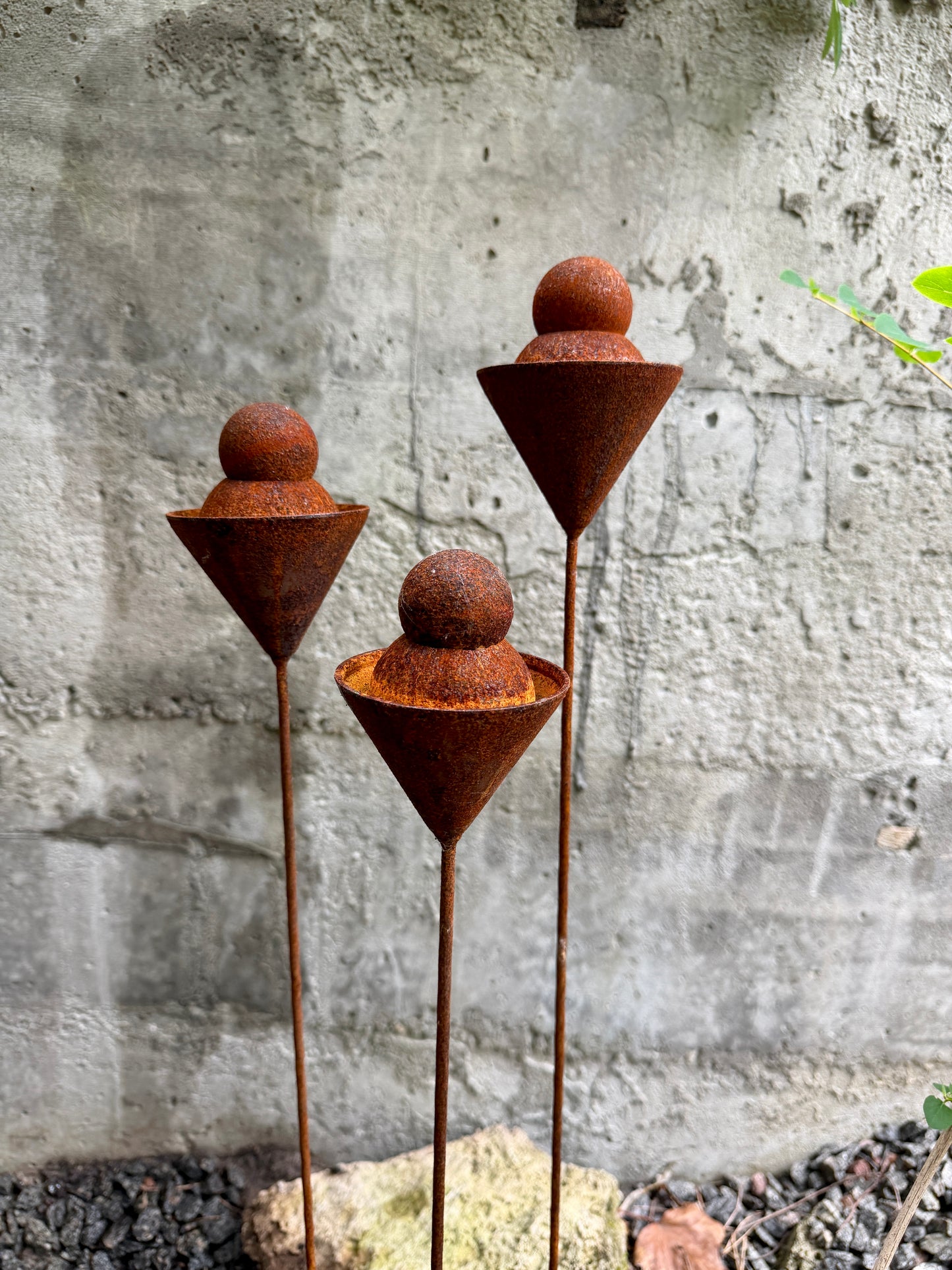 Set of 3 Rusty Metal Geometric Finials - Sculptural Garden Stakes and Modern Yard Art