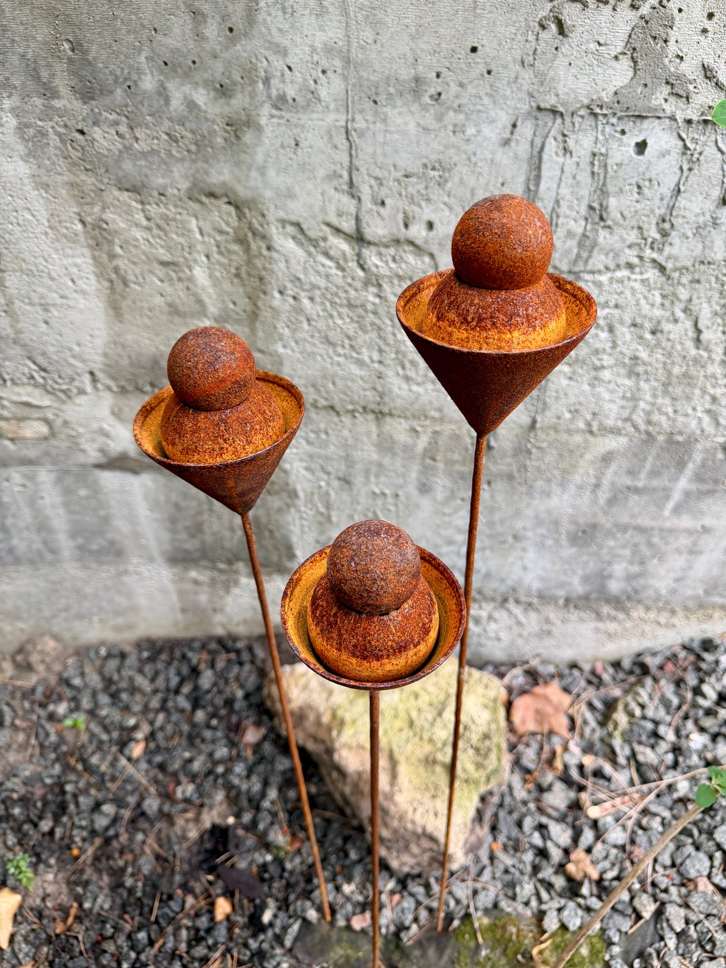 Set of 3 Rusty Metal Geometric Finials - Sculptural Garden Stakes and Modern Yard Art