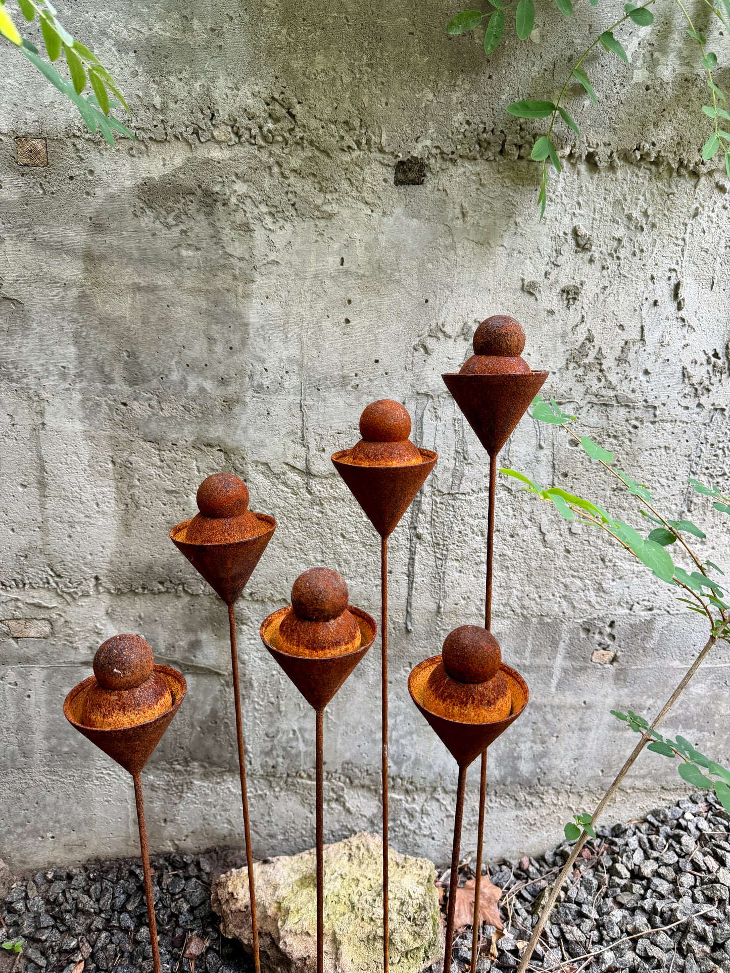 Set of 6 Rusty Metal Geometric Finials - Sculptural Garden Stakes and Modern Yard Art