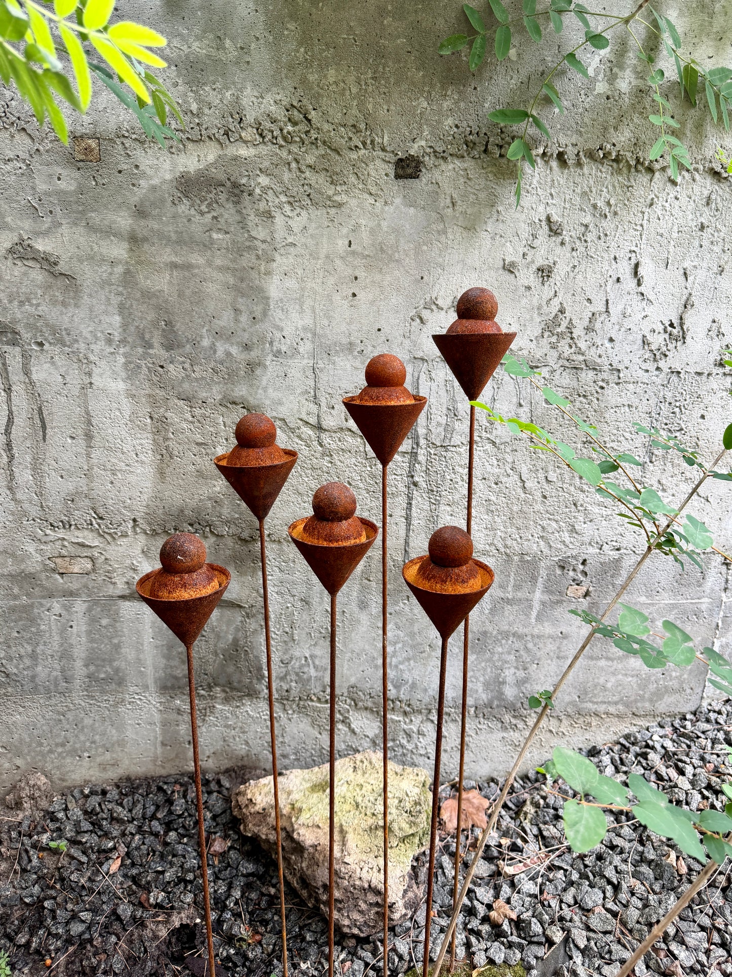 Set of 6 Rusty Metal Geometric Finials - Sculptural Garden Stakes and Modern Yard Art