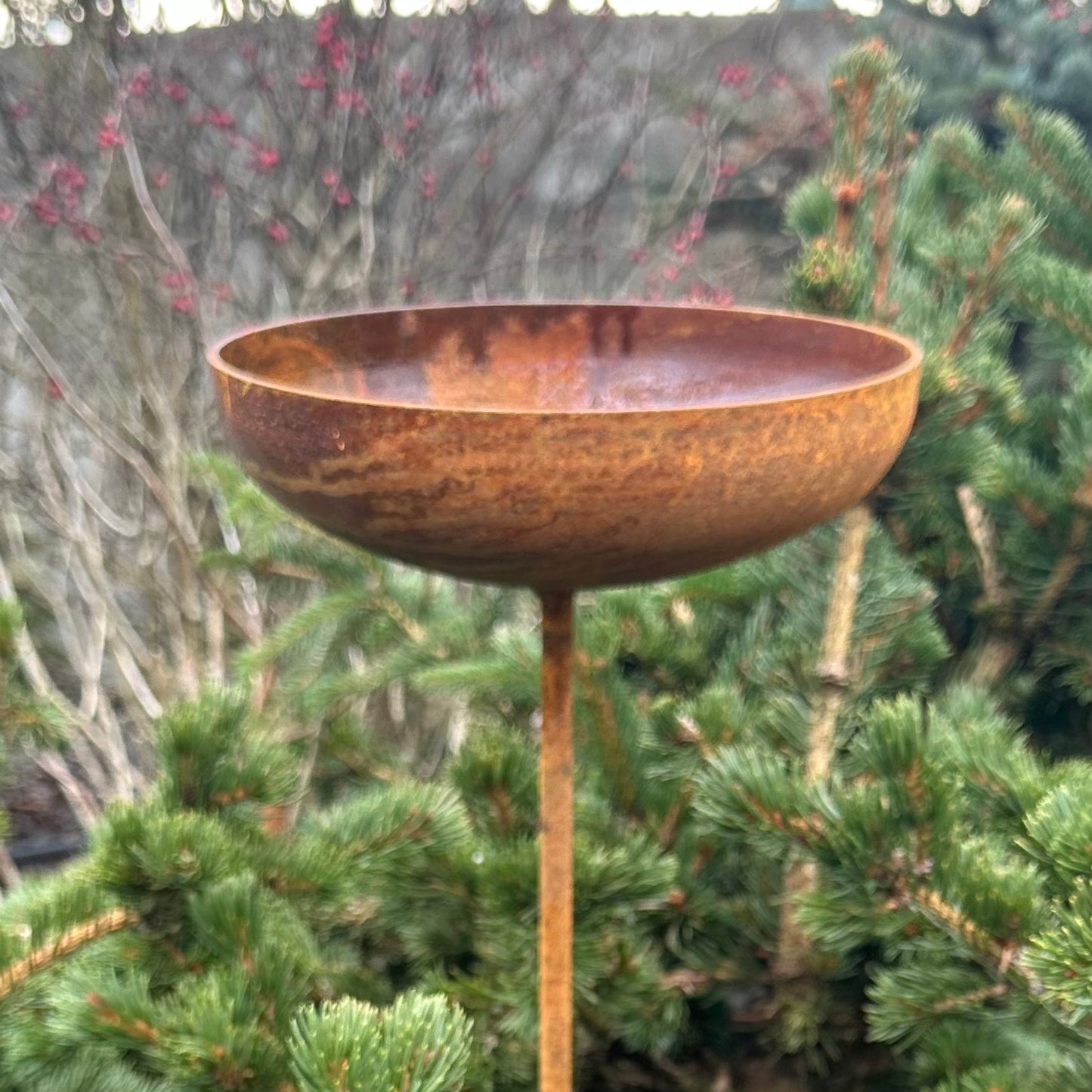 8” Rain catcher, Rusty metal flower garden stakes, Bird bath outdoor garden decor