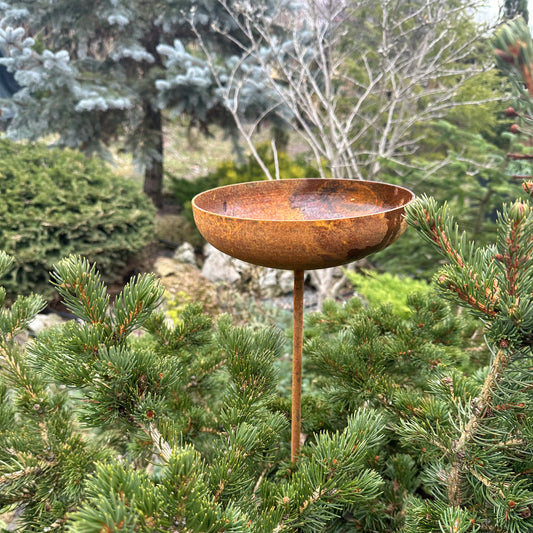 Rain catcher, 8” Rusty metal flower garden stakes, Bird bath outdoor garden decor