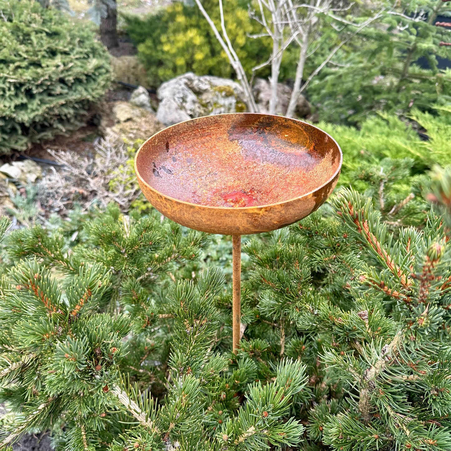 8” Rain catcher, Rusty metal flower garden stakes, Bird bath outdoor garden decor