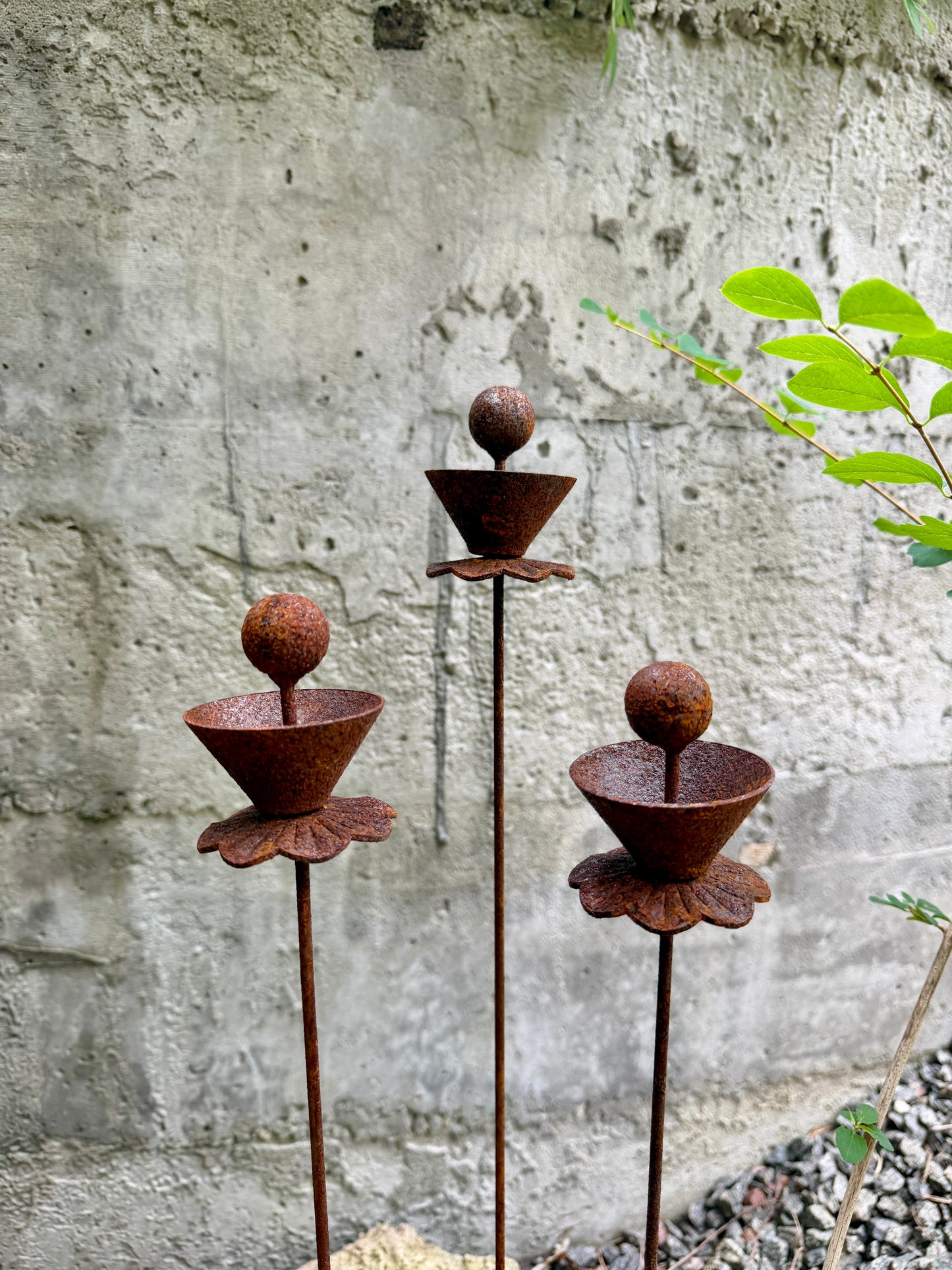 Abstract Rusty Metal Flowers with Spheres - Sculptural Garden Stakes and Rustic Yard Art