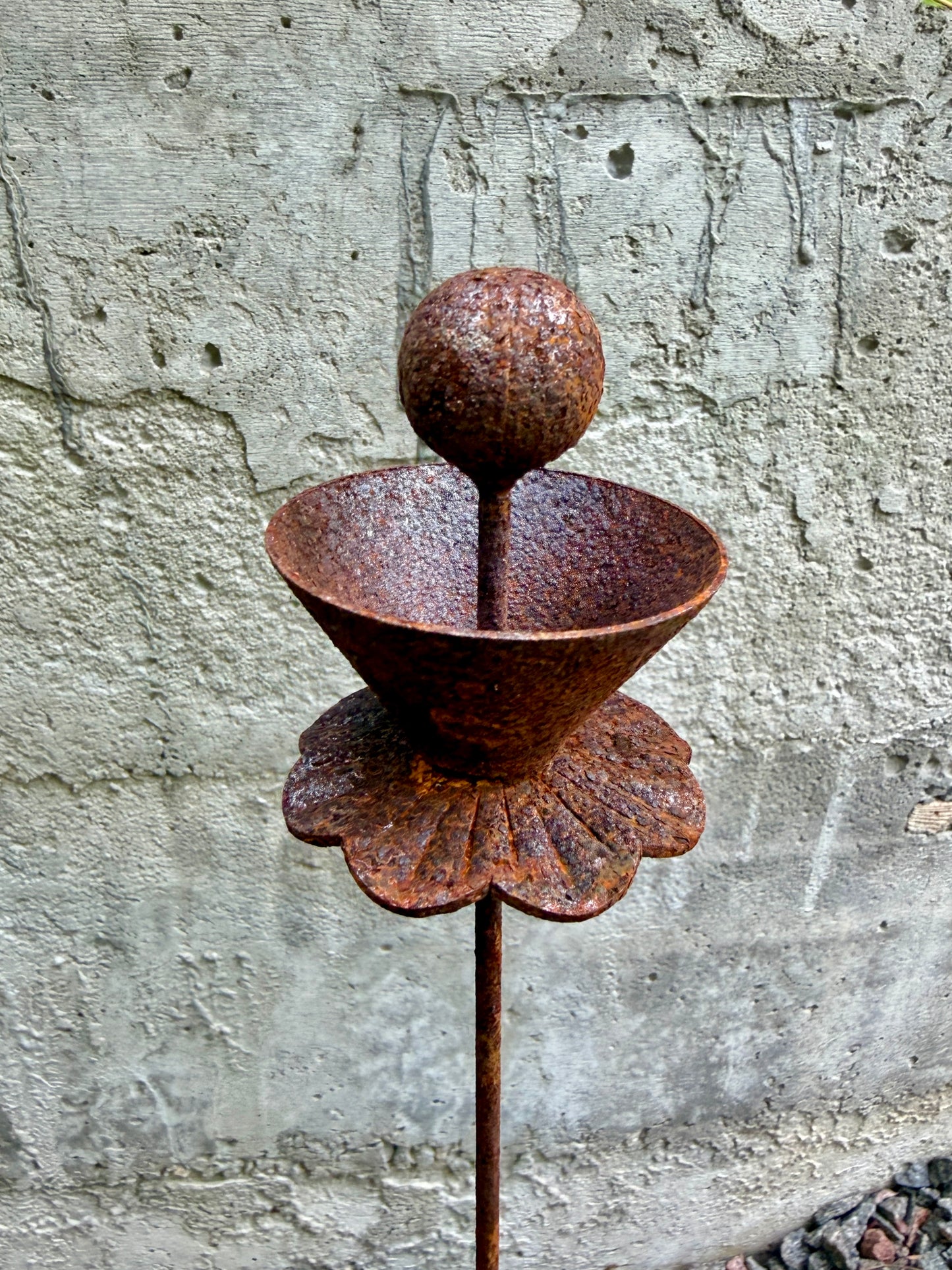 Abstract Rusty Metal Flowers with Spheres - Sculptural Garden Stakes and Rustic Yard Art