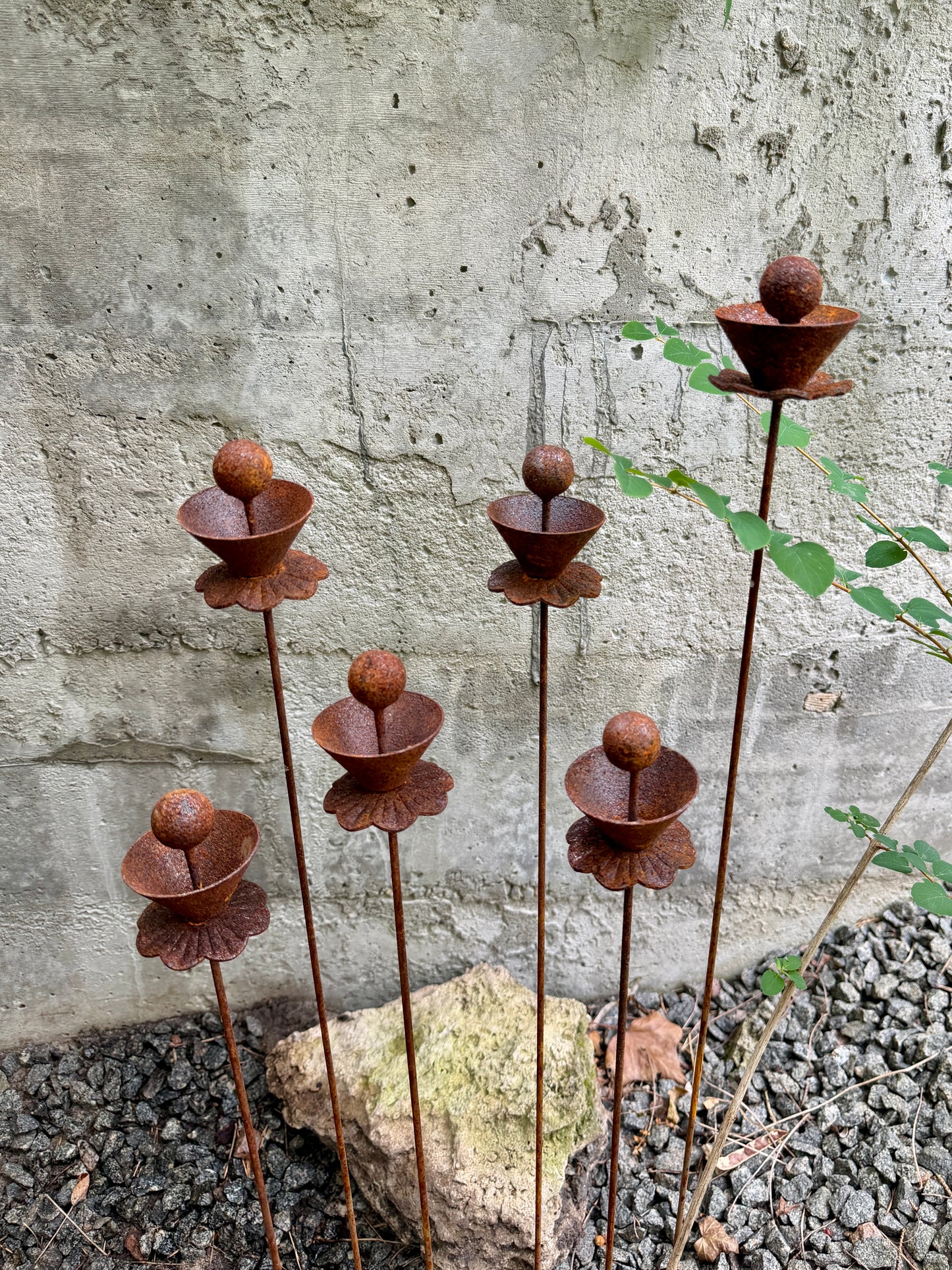 Abstract Rusty Metal Flowers with Spheres - Sculptural Garden Stakes and Rustic Yard Art