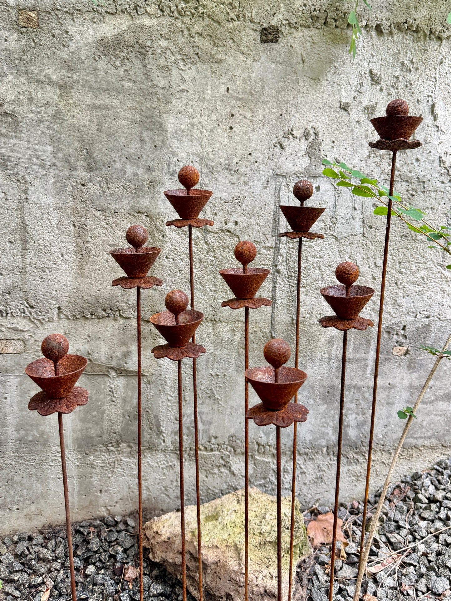 Abstract Rusty Metal Flowers with Spheres - Sculptural Garden Stakes and Rustic Yard Art