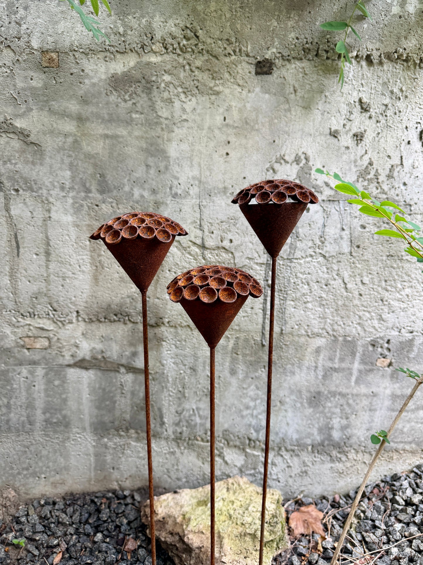 Set of 3 Rusty Metal Exotic Flowers - Sculptural Garden Stakes and Unique Yard Art