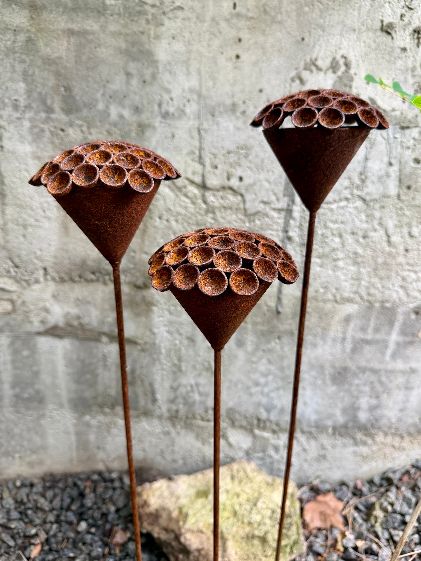 Set of 3 Rusty Metal Exotic Flowers - Sculptural Garden Stakes and Unique Yard Art