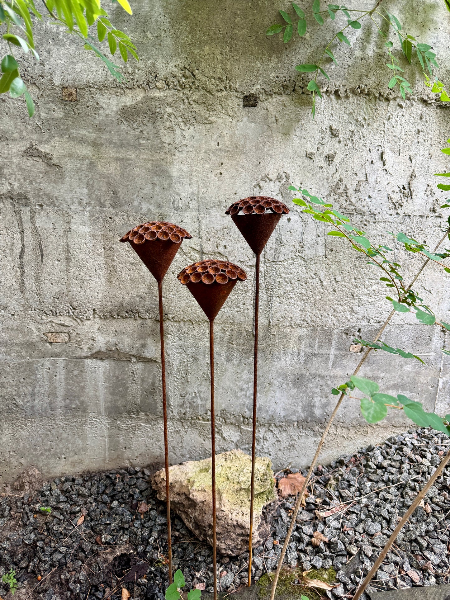Set of 3 Rusty Metal Exotic Flowers - Sculptural Garden Stakes and Unique Yard Art