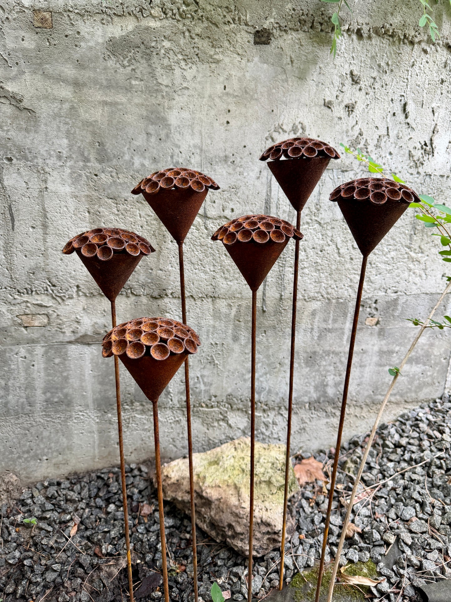 Set of 6 Rusty Metal Flowers - Sculptural Garden Stakes and Unique Yard Art